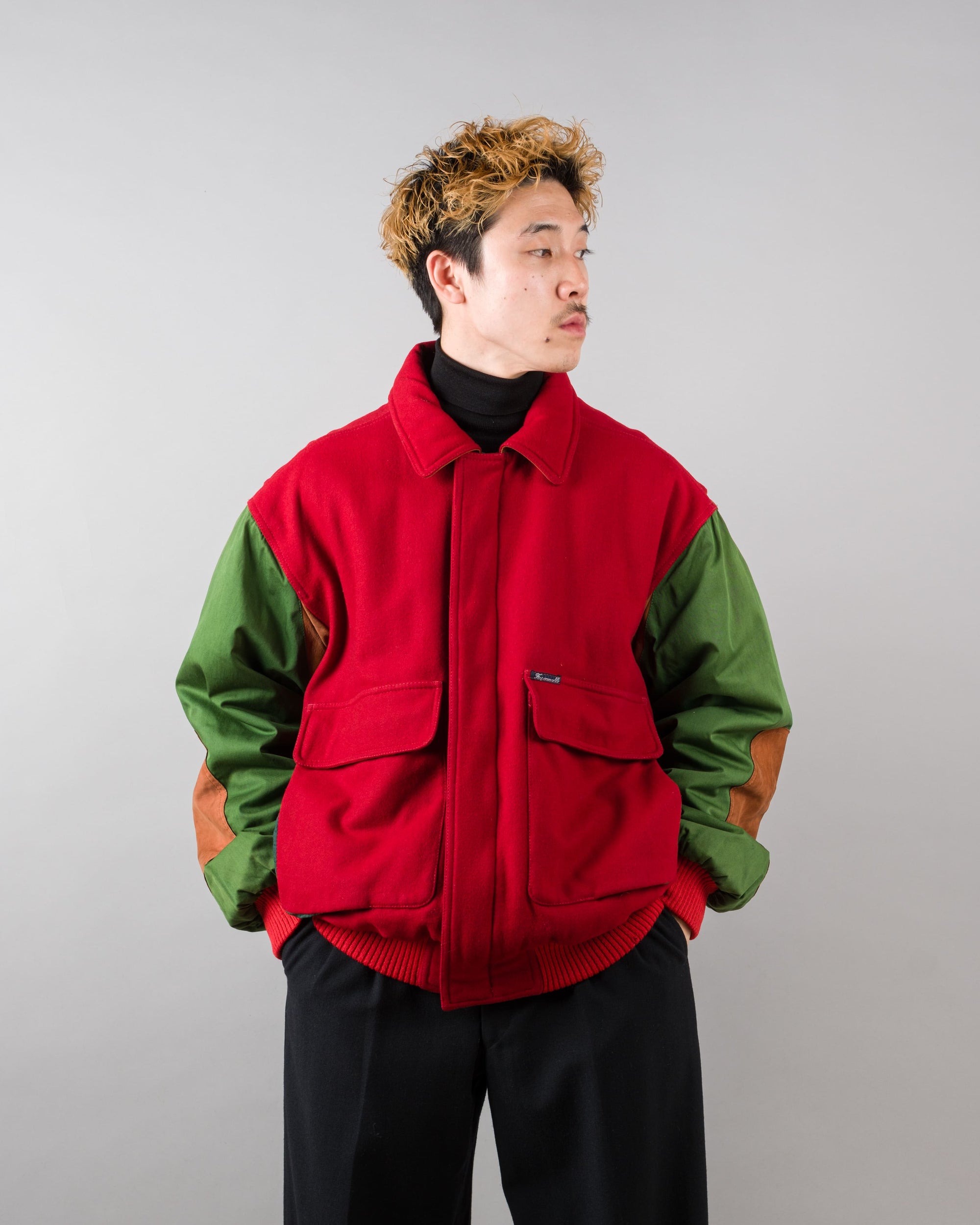【~80’s】Vintage Façonnable Mixed Wool Crazy Pattern Blouson With Chin Strap Size.L