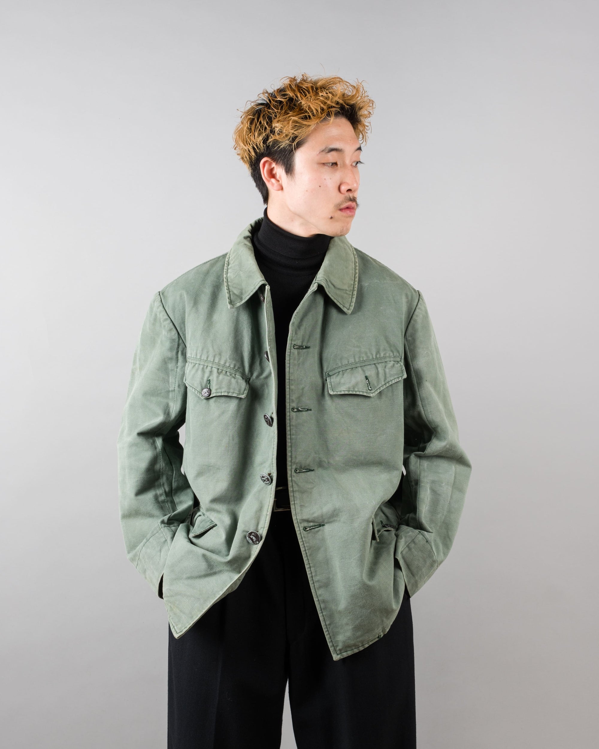 ［~50's］French Vintage Green Cotton Canvas Hunting Jacket With Chin Strap