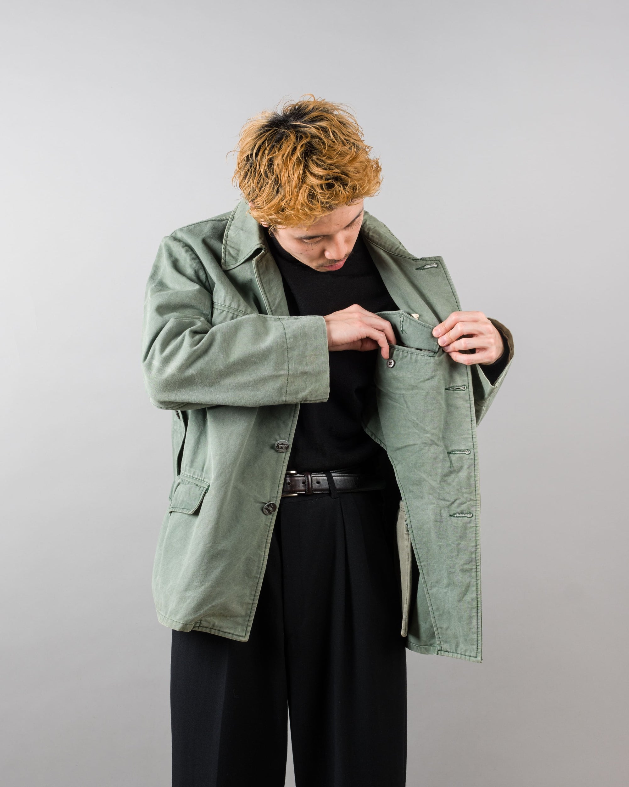 ［~50's］French Vintage Green Cotton Canvas Hunting Jacket With Chin Strap