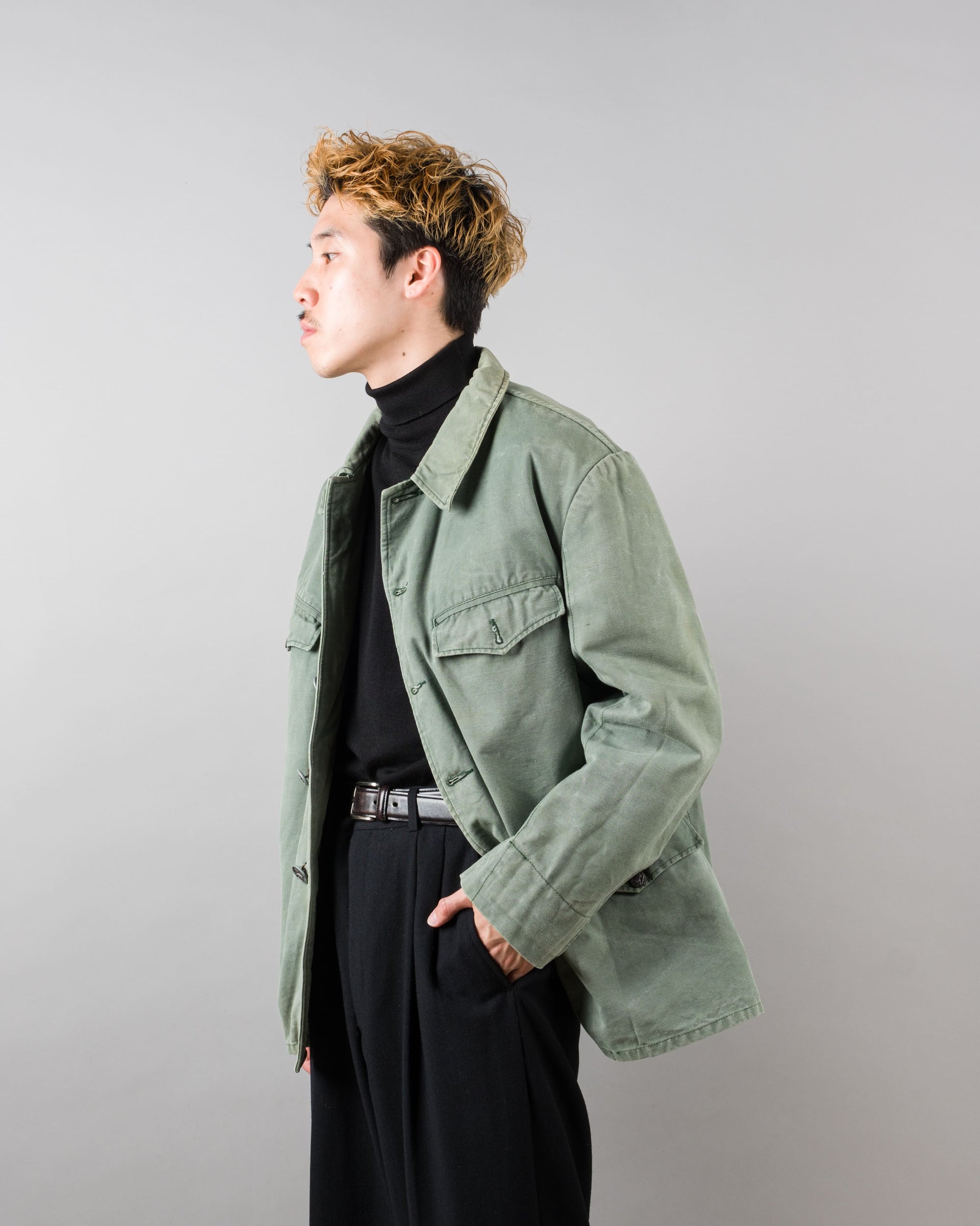 ［~50's］French Vintage Green Cotton Canvas Hunting Jacket With Chin Strap