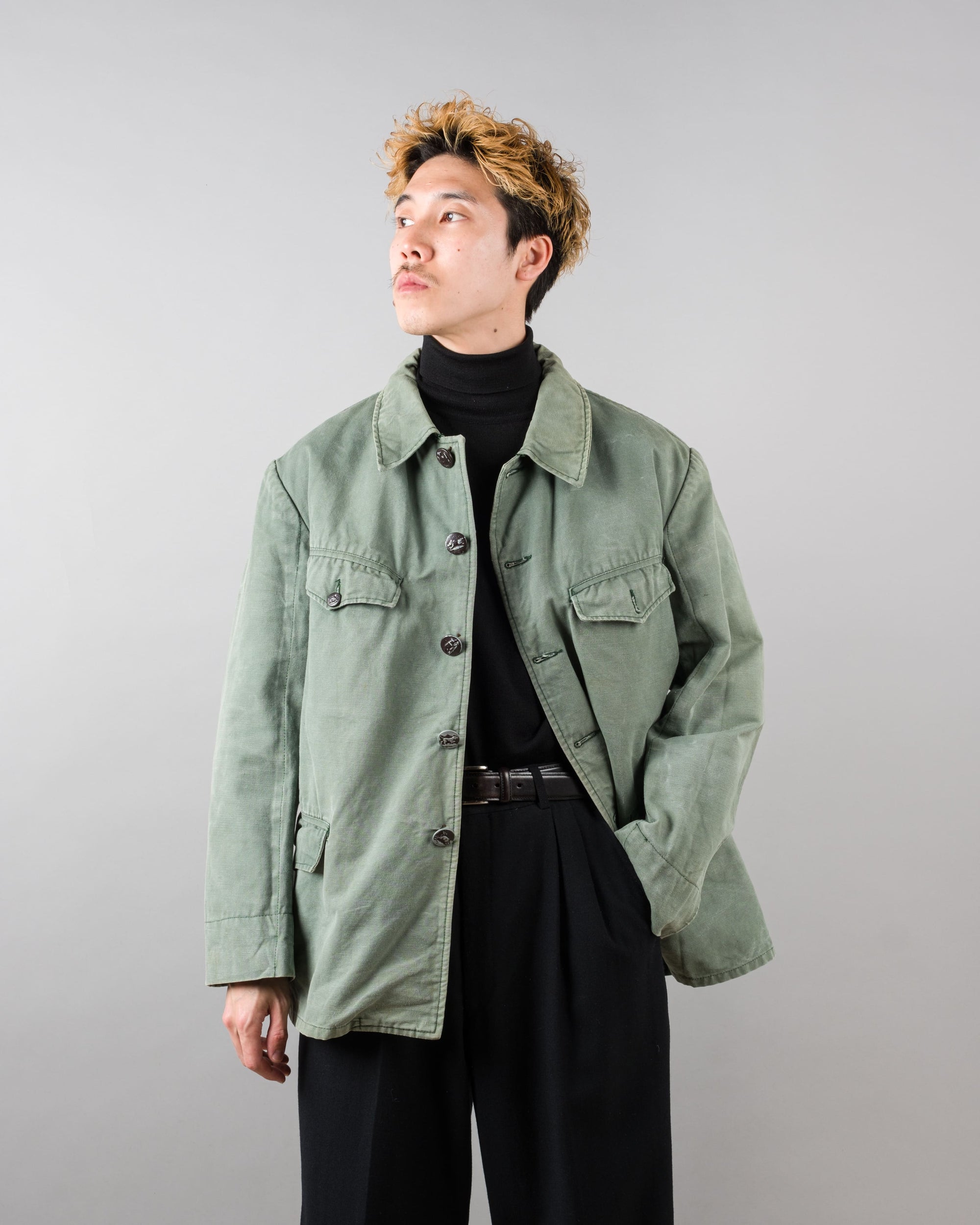 ［~50's］French Vintage Green Cotton Canvas Hunting Jacket With Chin Strap