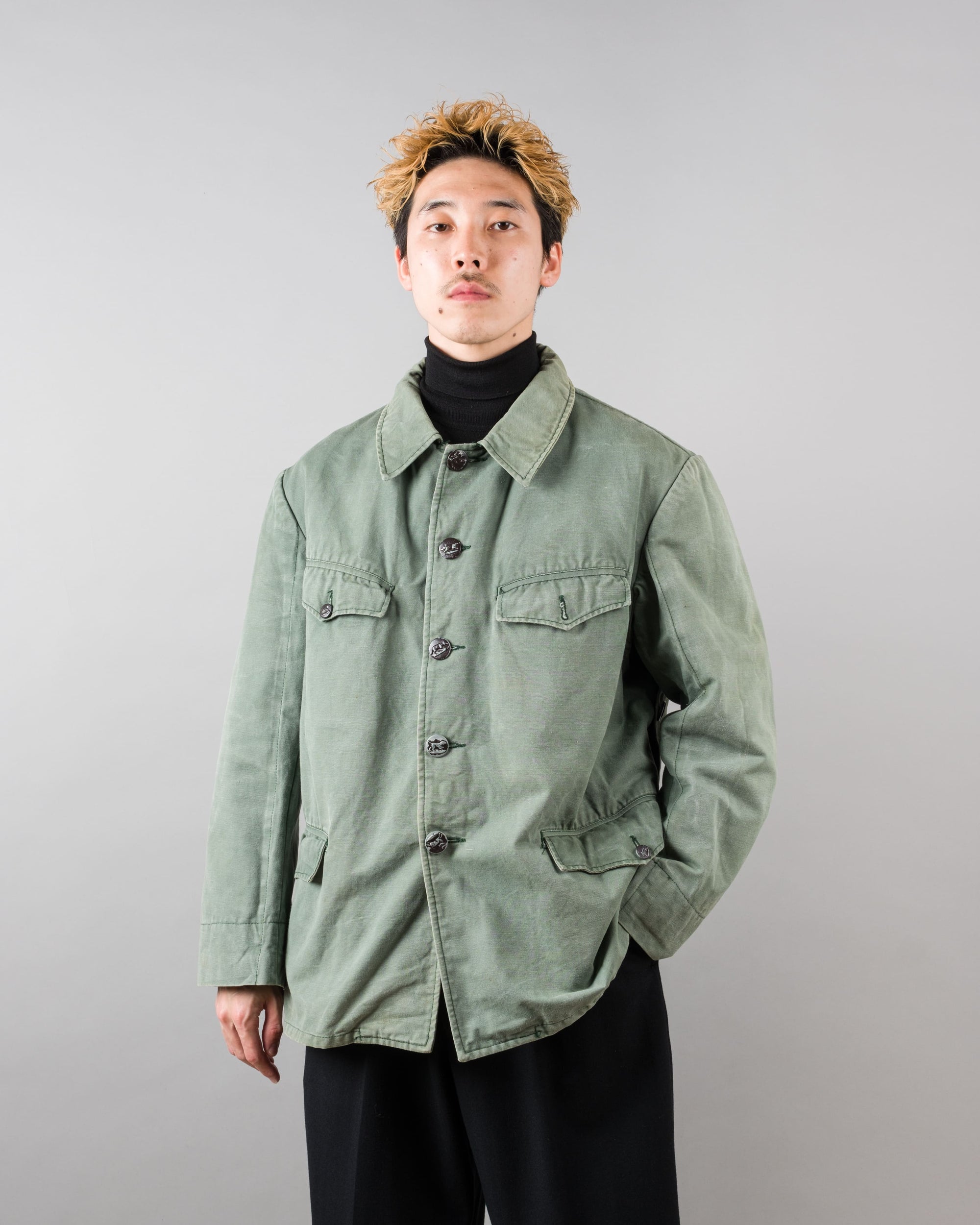 ［~50's］French Vintage Green Cotton Canvas Hunting Jacket With Chin Strap