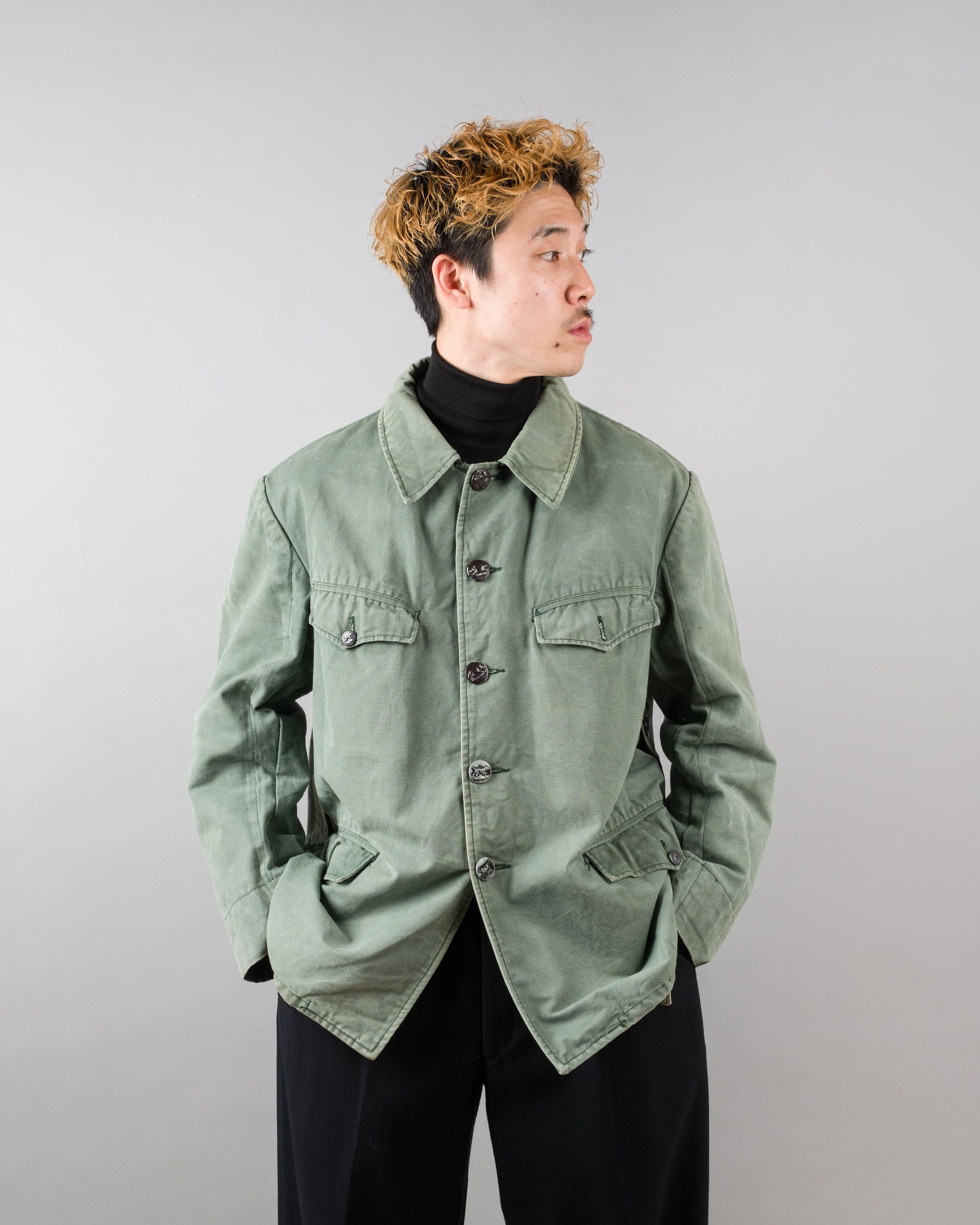 ［~50's］French Vintage Green Cotton Canvas Hunting Jacket With Chin Strap