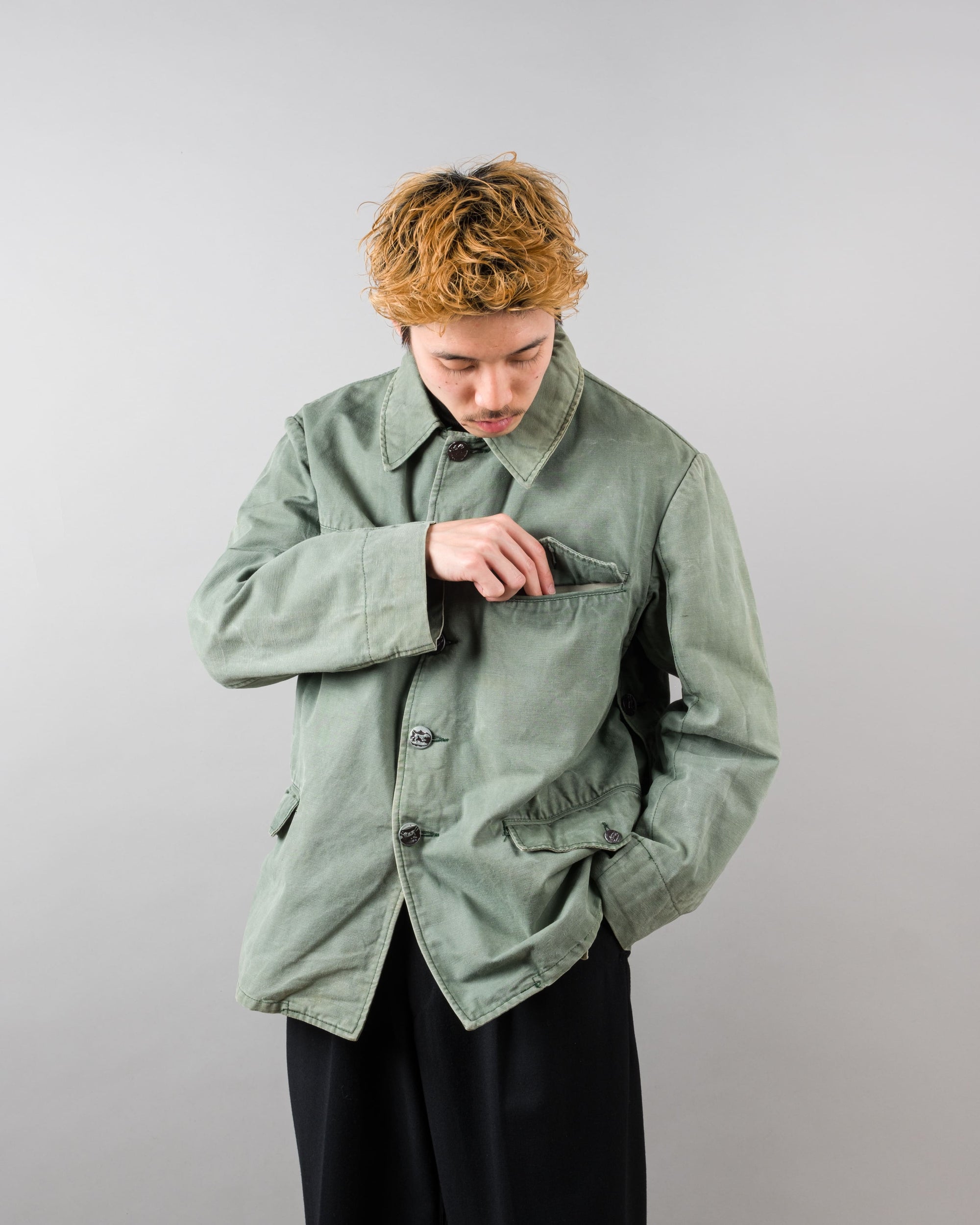 ［~50's］French Vintage Green Cotton Canvas Hunting Jacket With Chin Strap