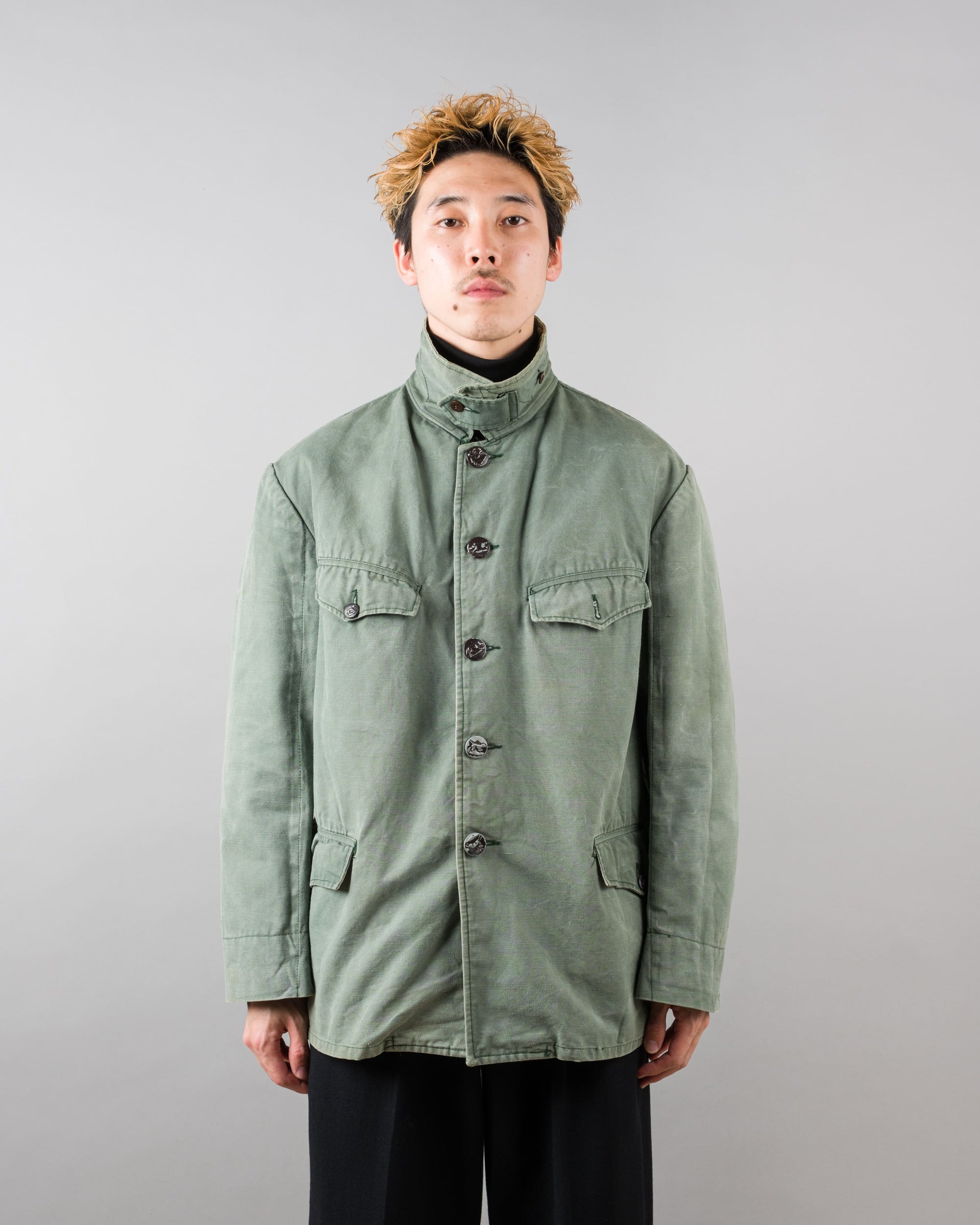［~50's］French Vintage Green Cotton Canvas Hunting Jacket With Chin Strap