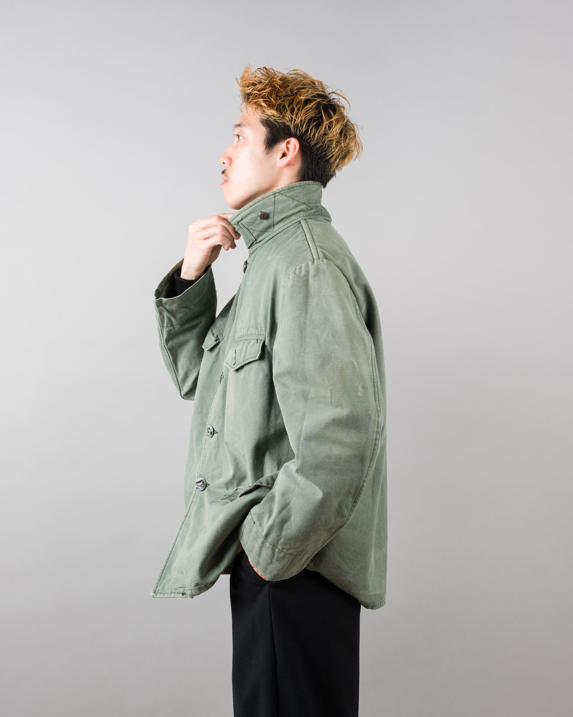 ［~50's］French Vintage Green Cotton Canvas Hunting Jacket With Chin Strap