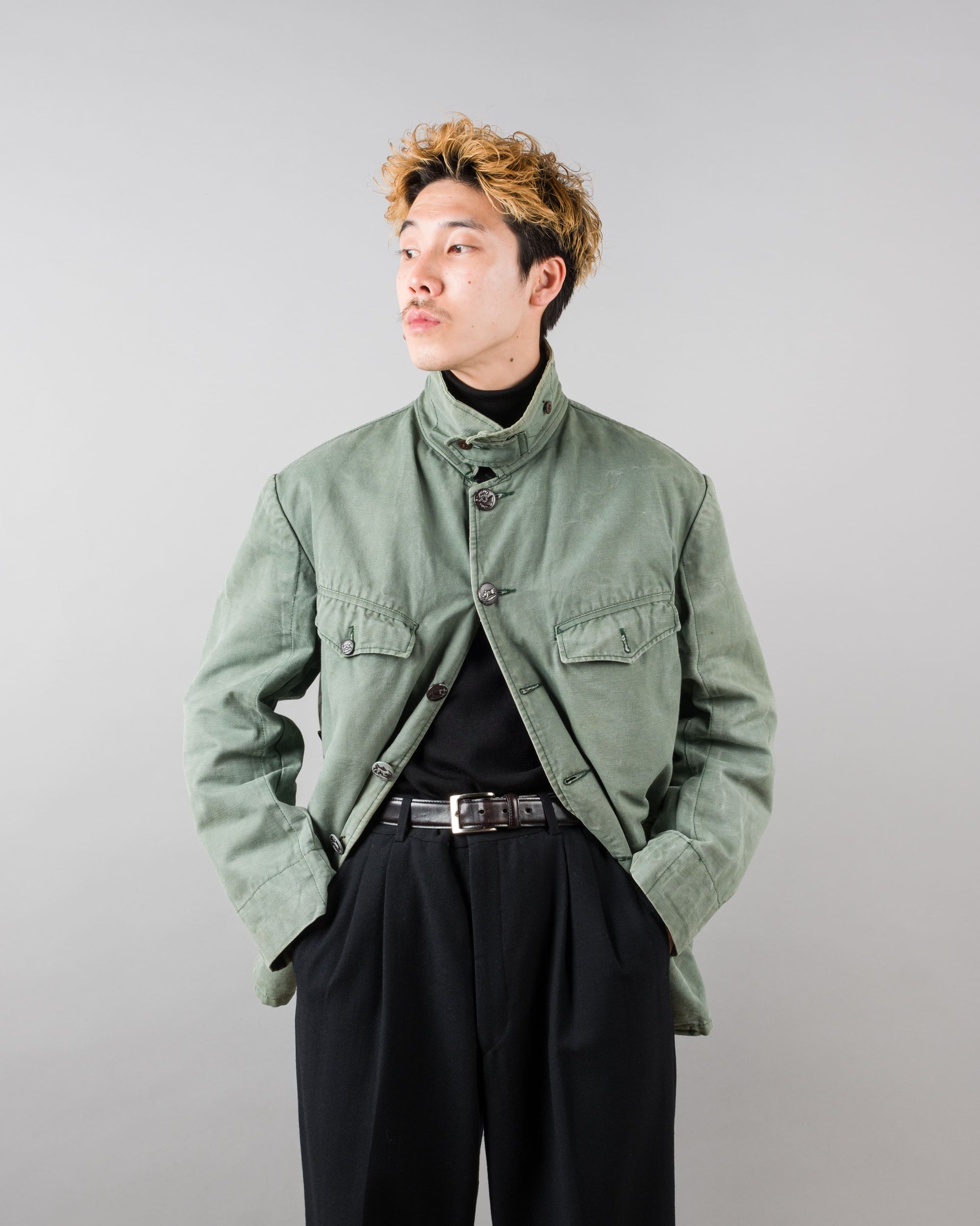 ［~50's］French Vintage Green Cotton Canvas Hunting Jacket With Chin Strap