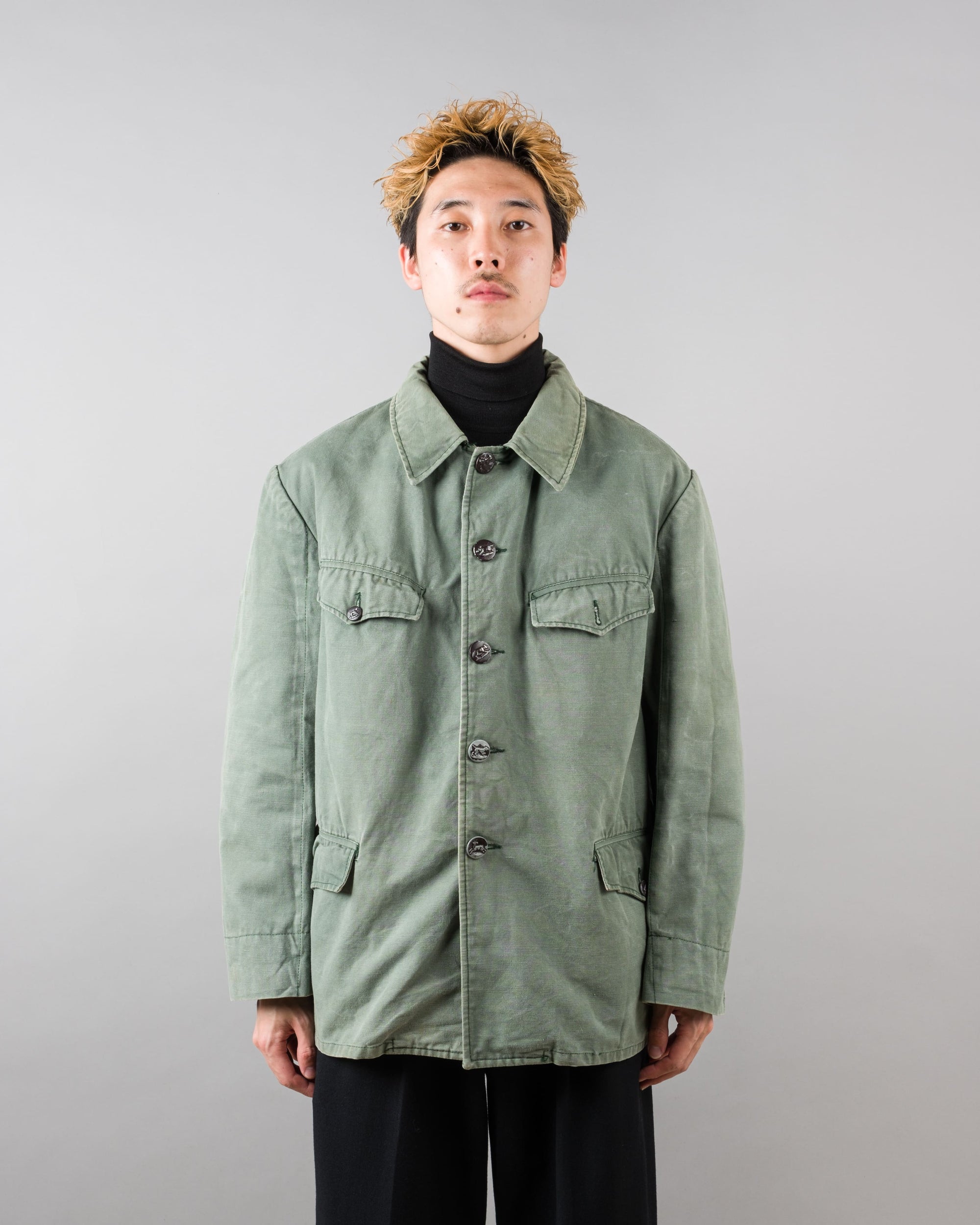 ［~50's］French Vintage Green Cotton Canvas Hunting Jacket With Chin Strap
