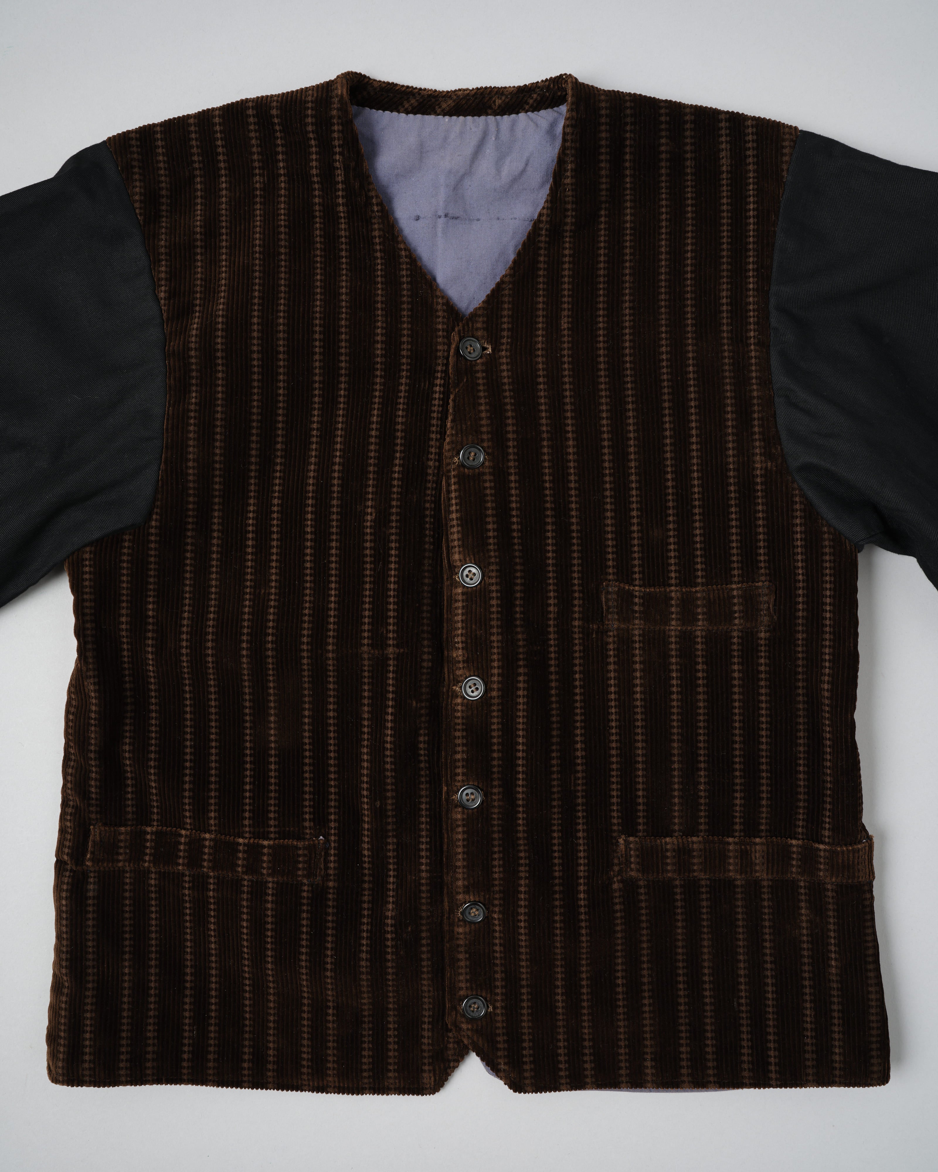 40's］French Vintage Brown Patterned Corduroy Gilet Jacket