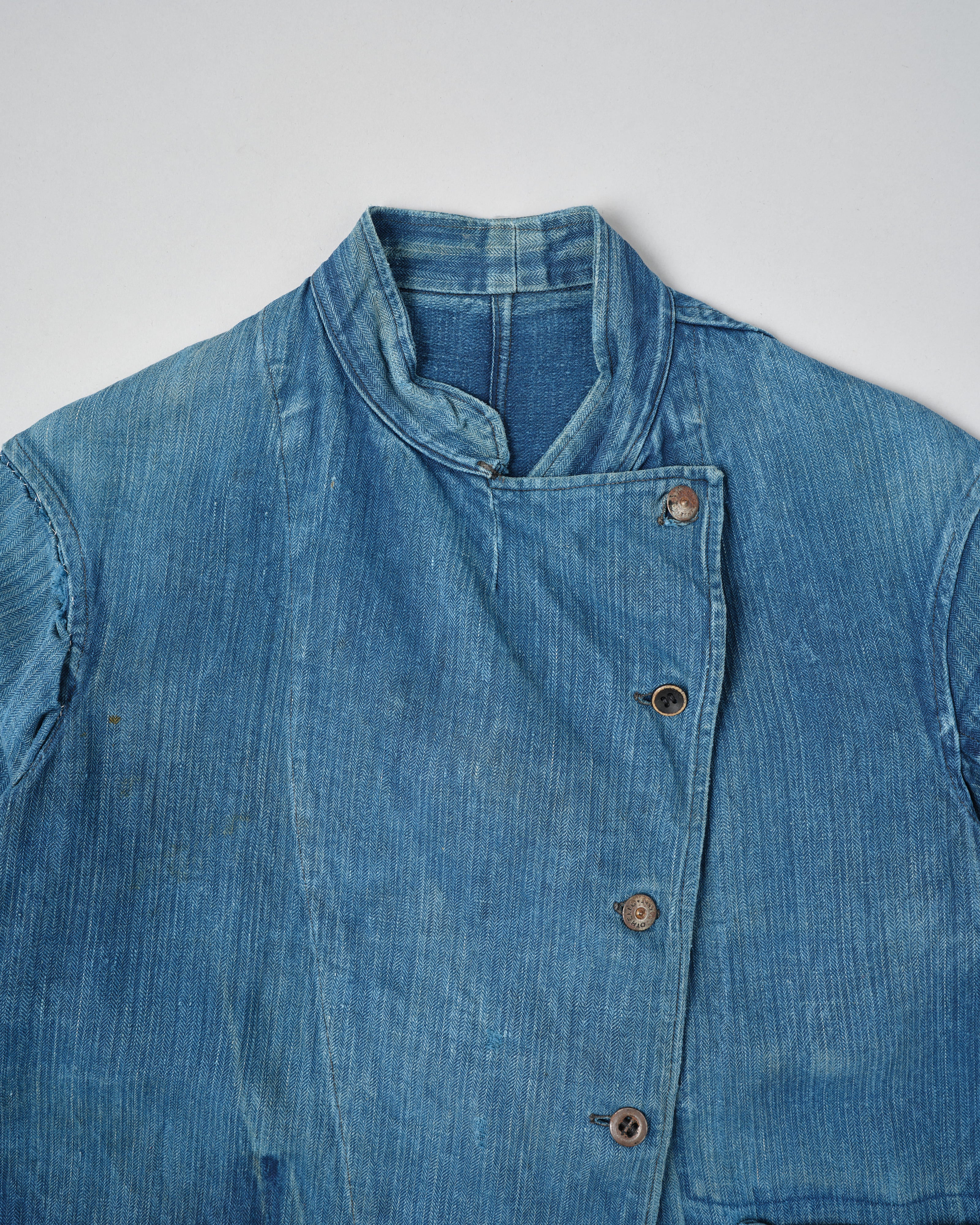 【~30's】French Army Indigo HBT Linen Double Breasted Mechanic Jacket "Modified"