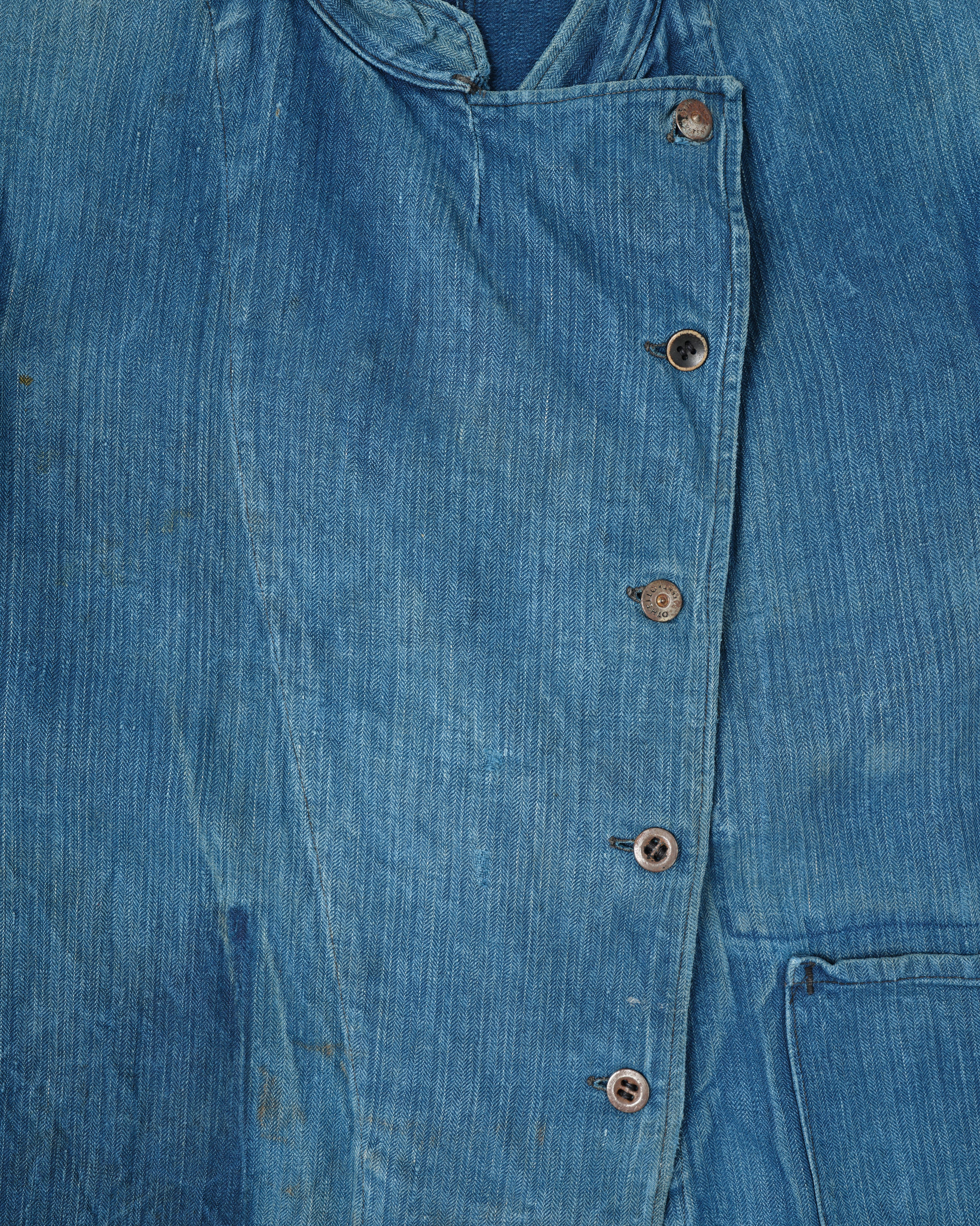 【~30's】French Army Indigo HBT Linen Double Breasted Mechanic Jacket "Modified"