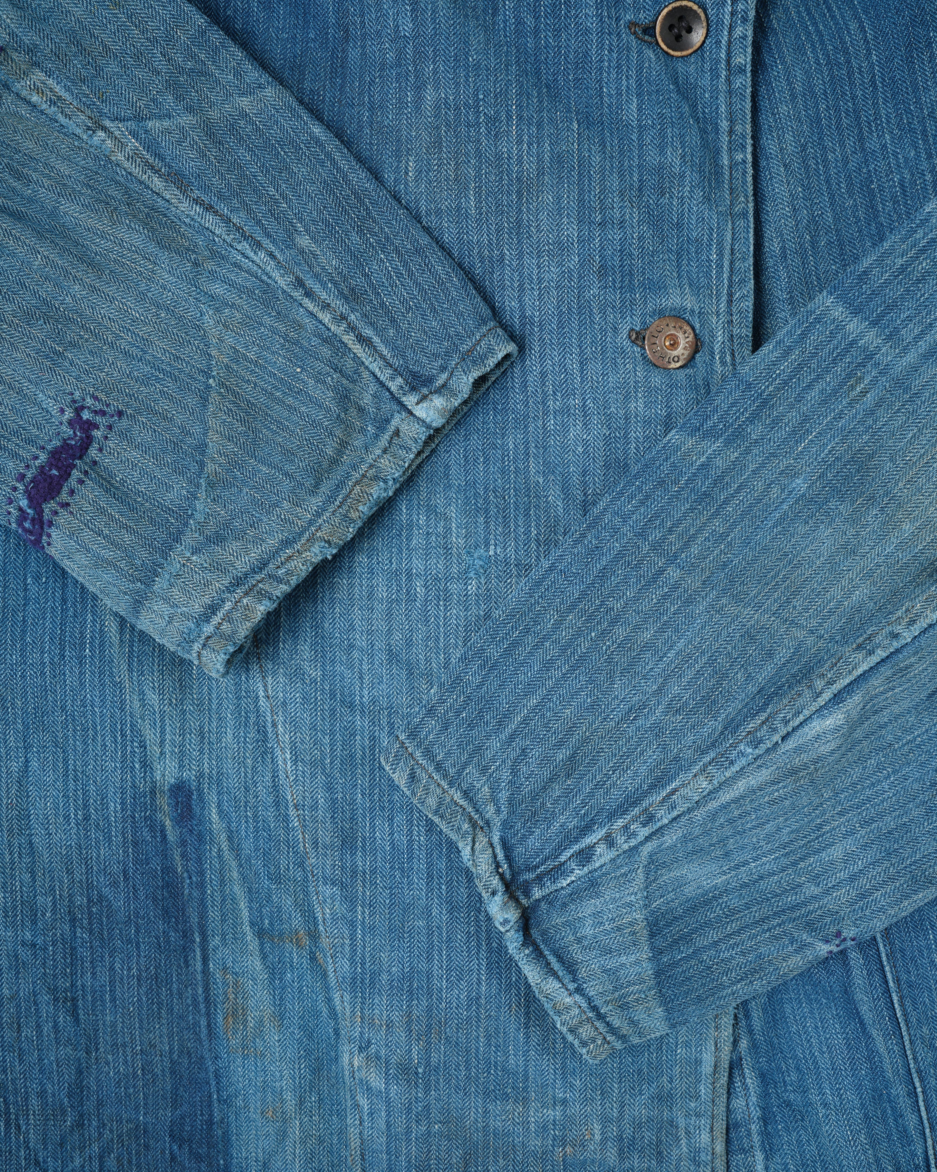 【~30's】French Army Indigo HBT Linen Double Breasted Mechanic Jacket "Modified"