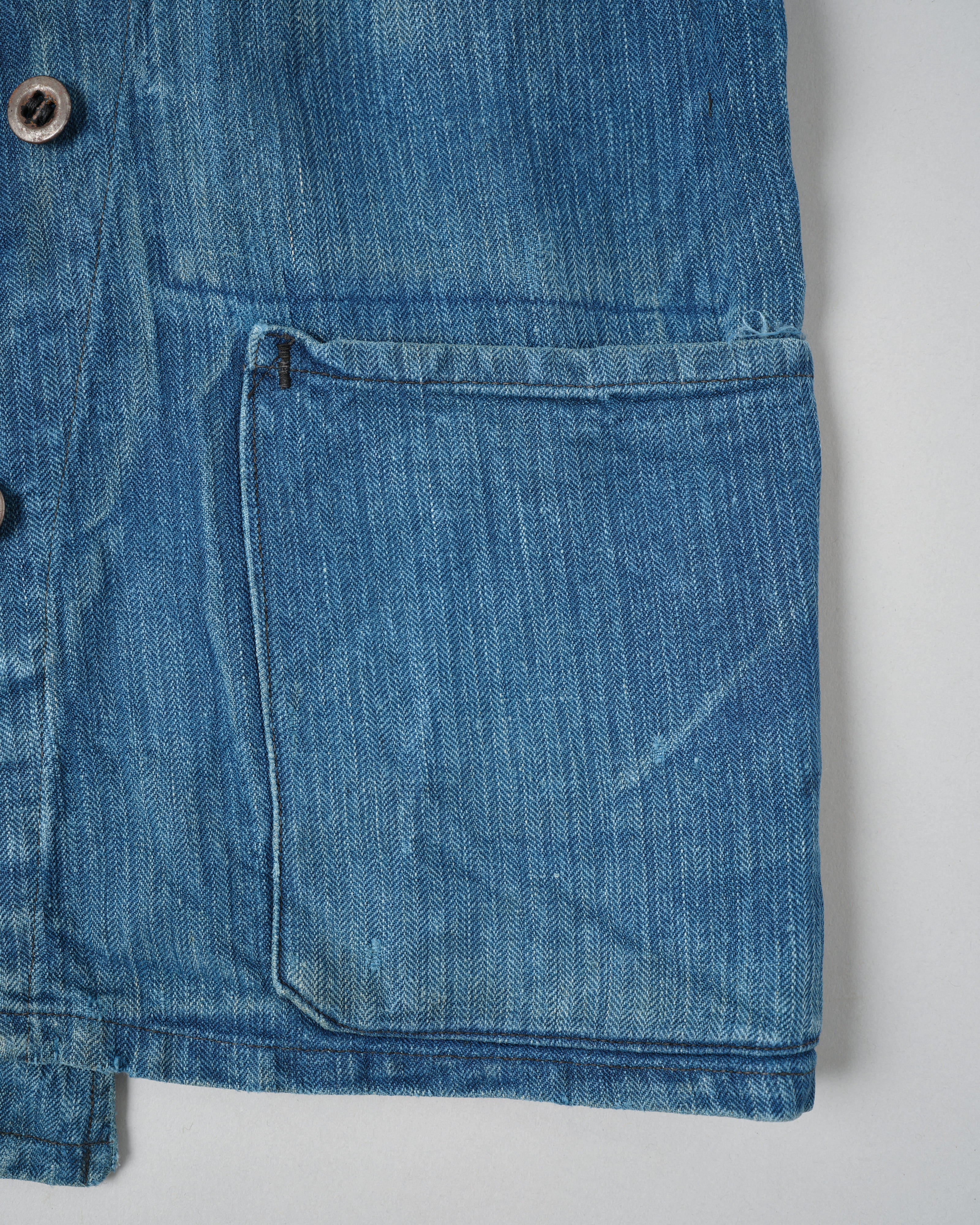 【~30's】French Army Indigo HBT Linen Double Breasted Mechanic Jacket "Modified"