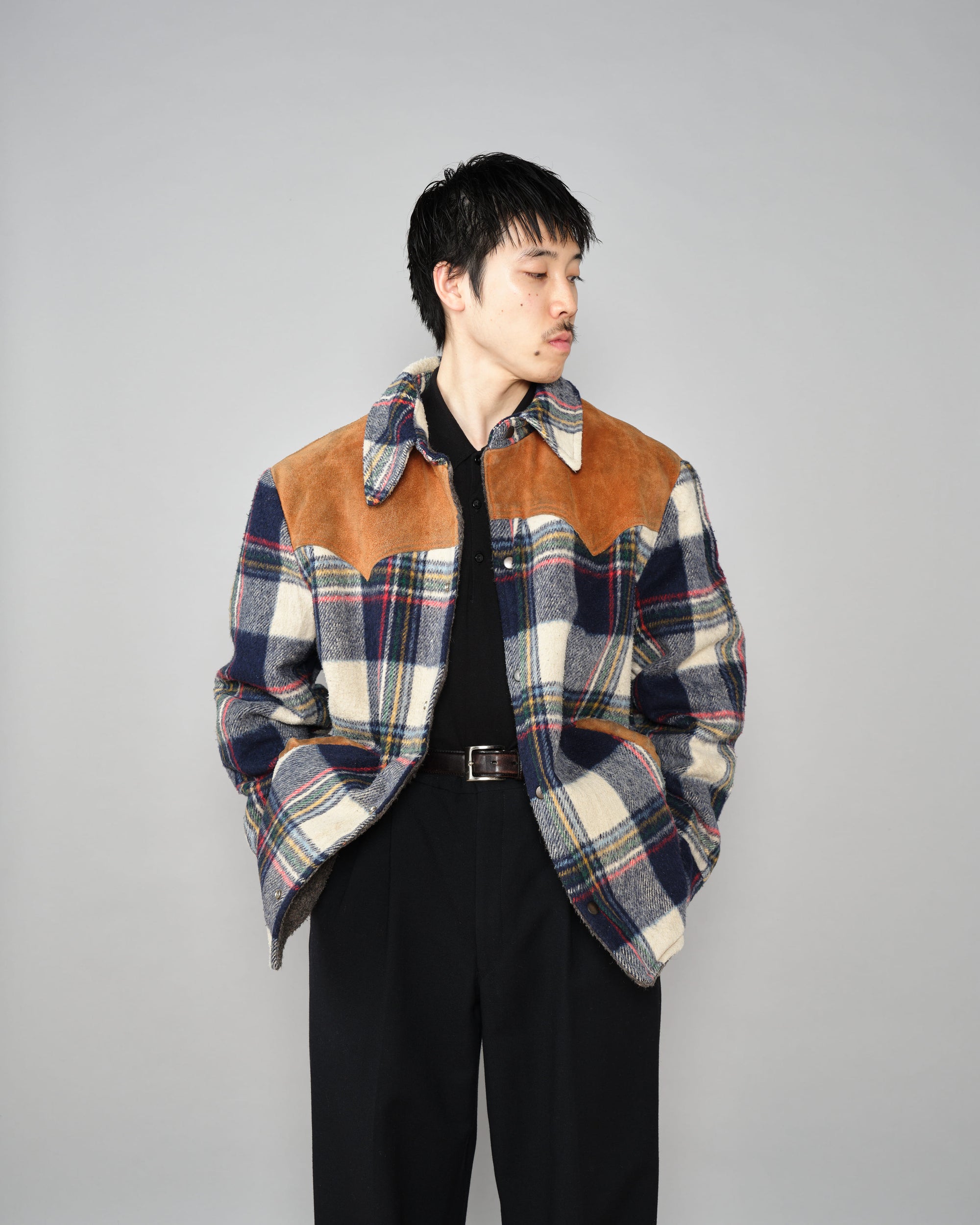 ［~60's］Canadian Vintage Switching Suede Leather Mixed Wool Plaid Jacket
