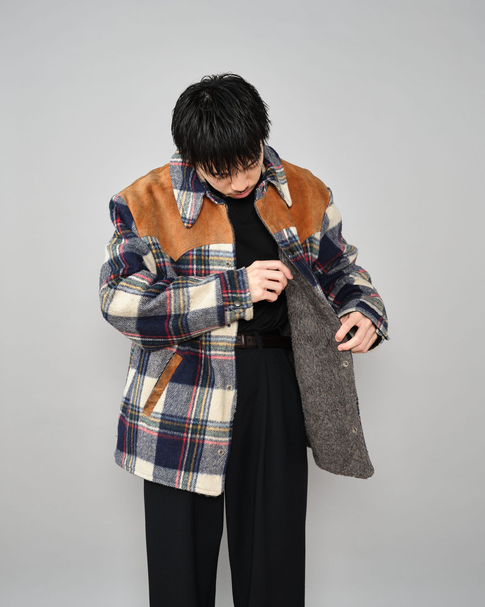 ［~60's］Canadian Vintage Switching Suede Leather Mixed Wool Plaid Jacket