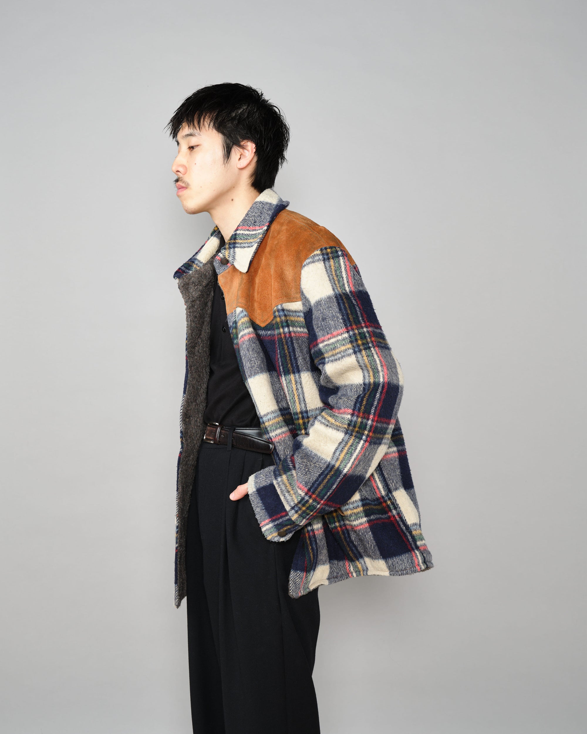 ［~60's］Canadian Vintage Switching Suede Leather Mixed Wool Plaid Jacket