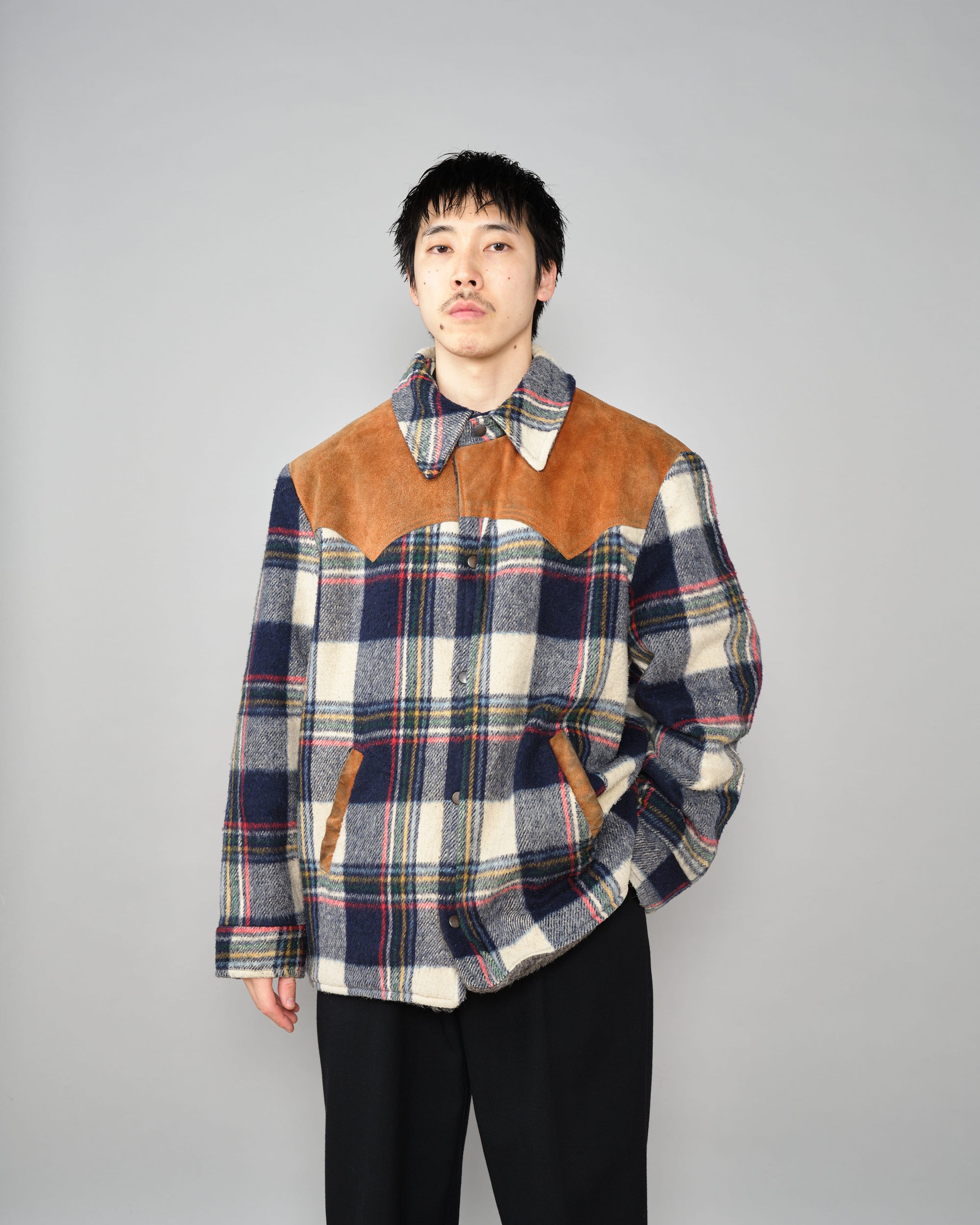 ［~60's］Canadian Vintage Switching Suede Leather Mixed Wool Plaid Jacket
