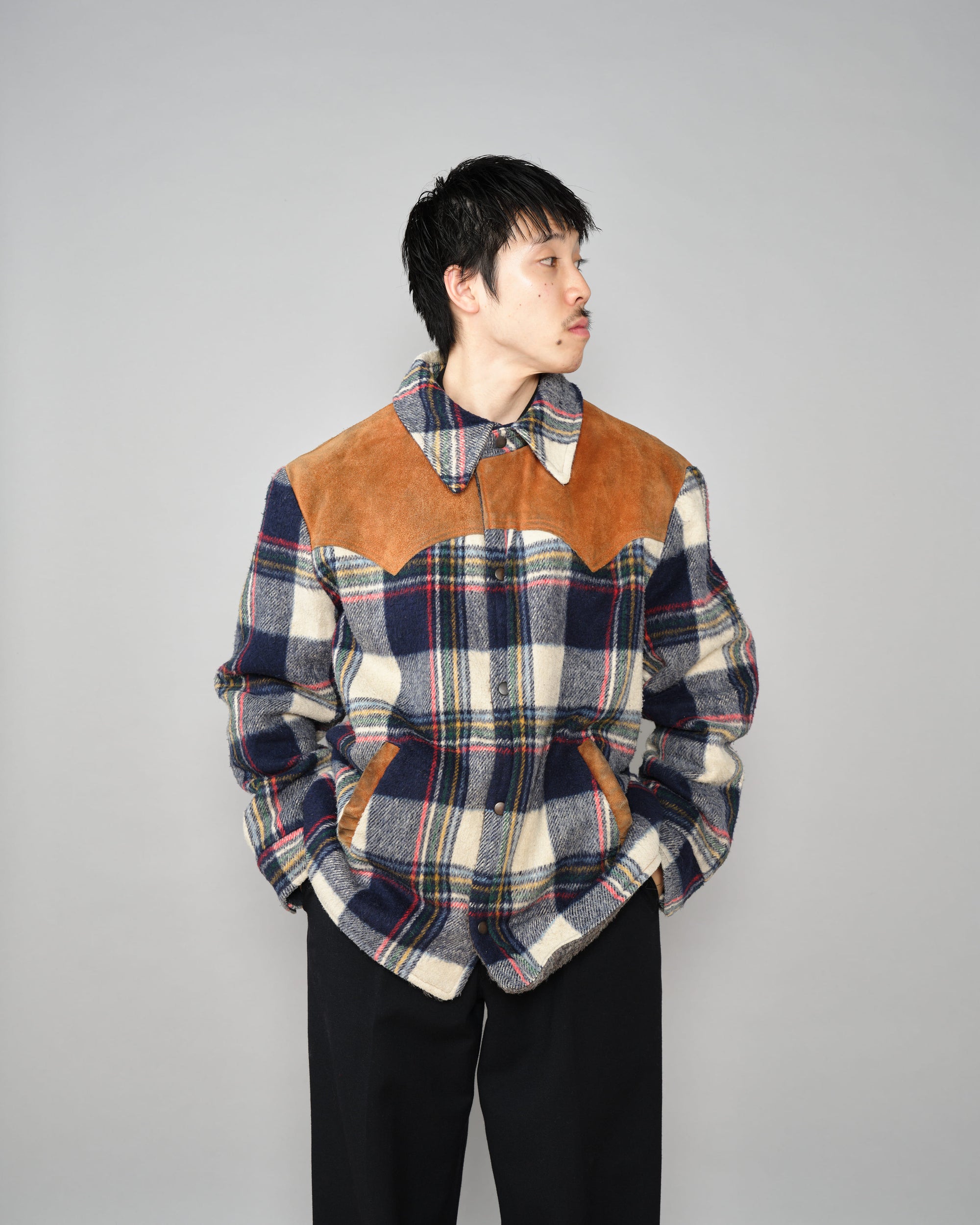 ［~60's］Canadian Vintage Switching Suede Leather Mixed Wool Plaid Jacket