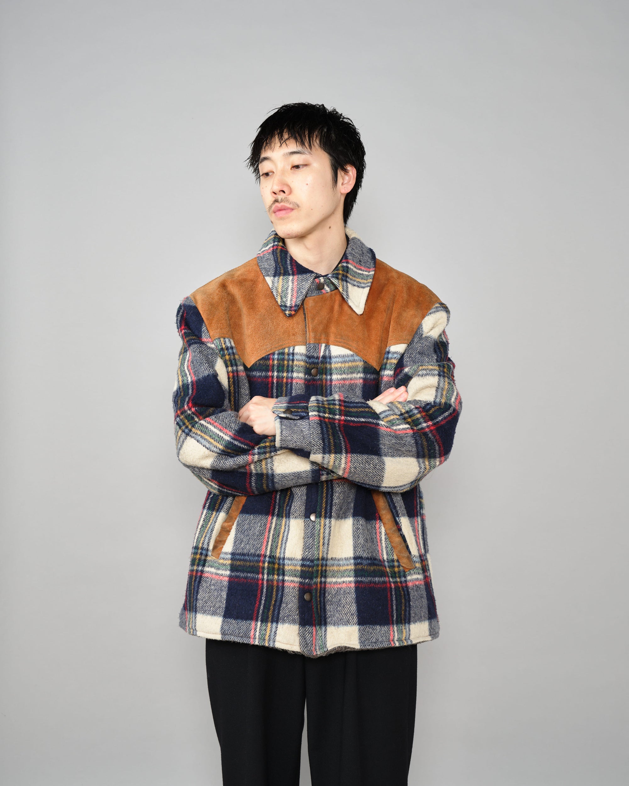 ［~60's］Canadian Vintage Switching Suede Leather Mixed Wool Plaid Jacket