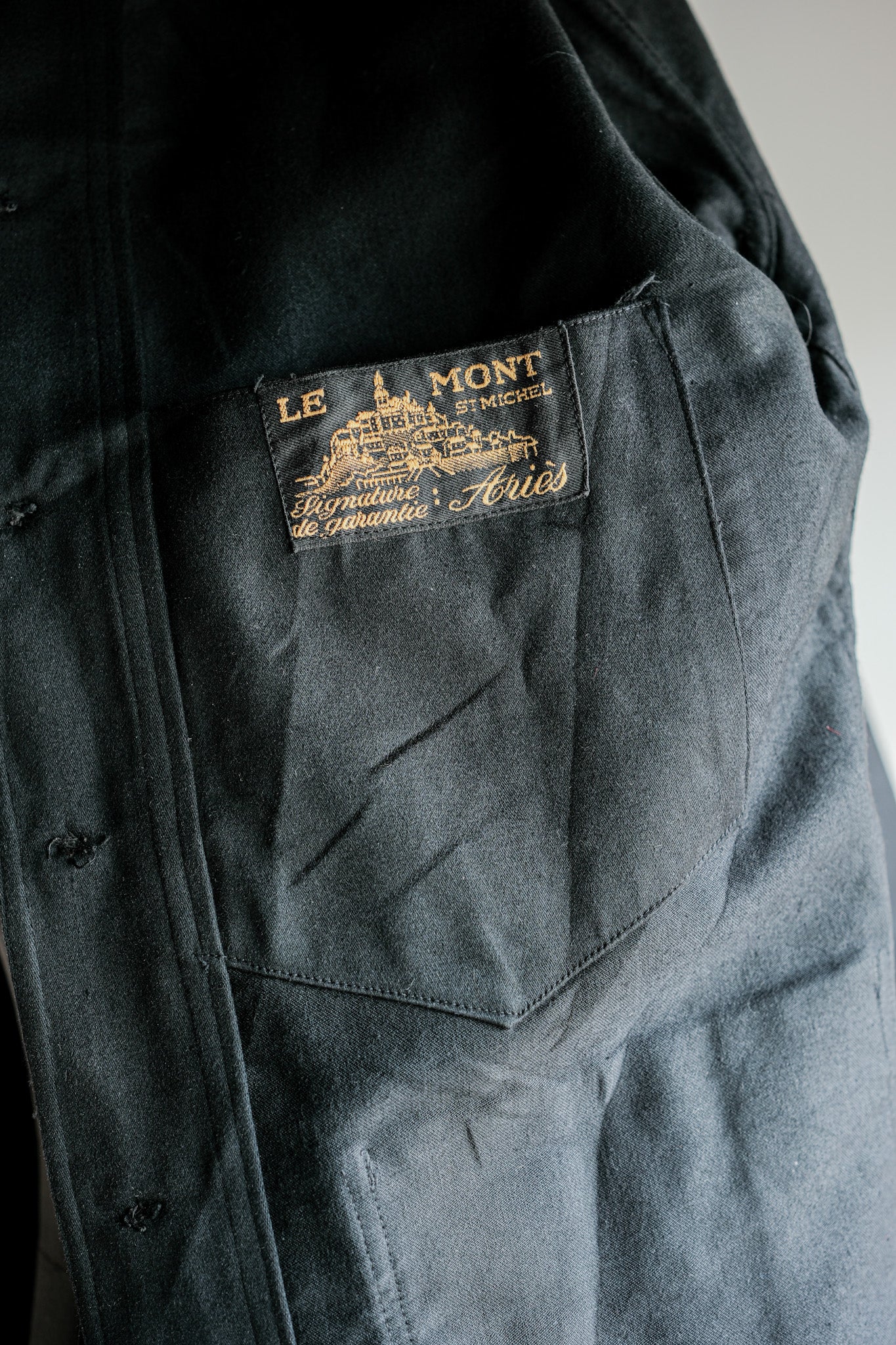 [~ 30's] French Vintage Black Moleskin Work Jacket "Le Mont St. Michel"