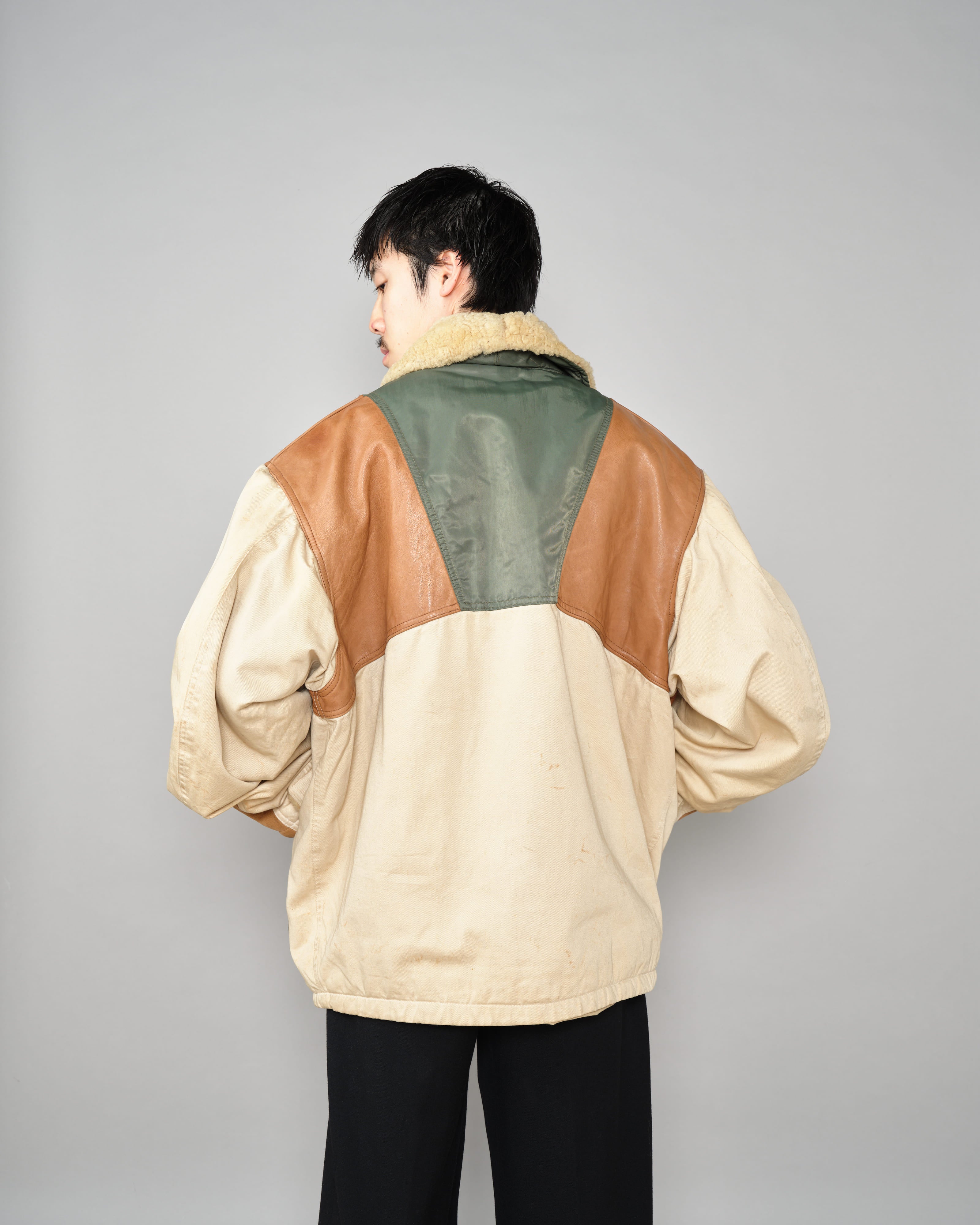 80s CHEVIGNON　Mouton Hem Switch Jacket 80's］Old CHEVIGNON Switching Design Shawl Collar Jacket Size.XL