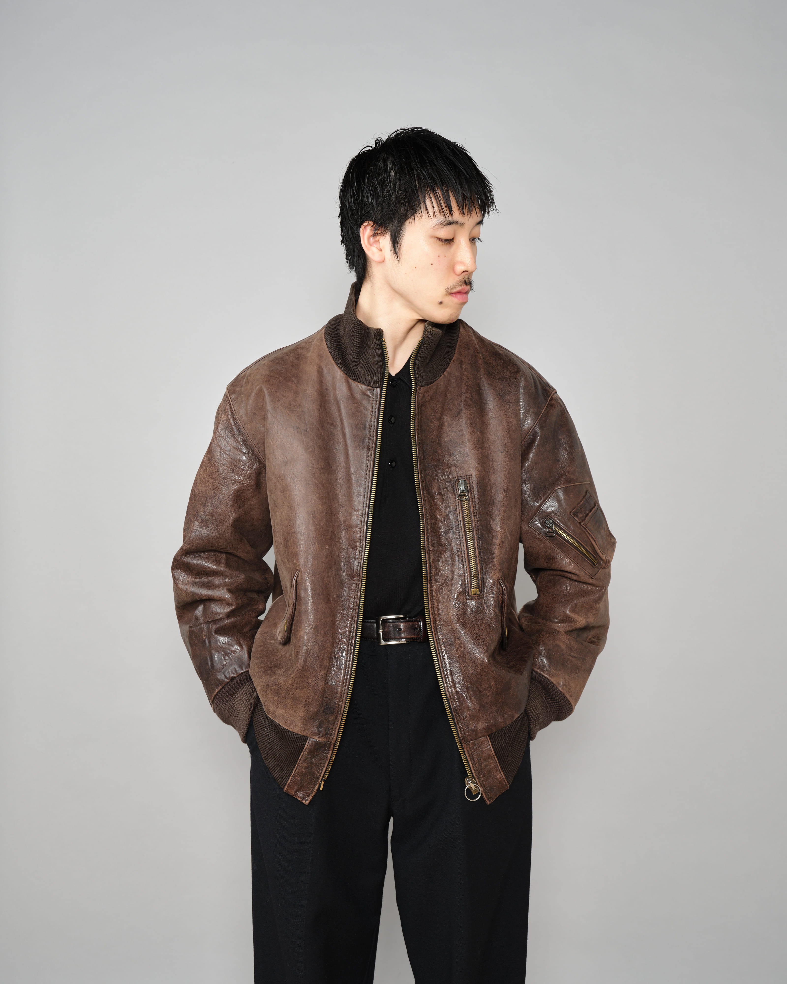 【~90’s】Old ARMANI JEANS Leather Bomber Jacket Size.50