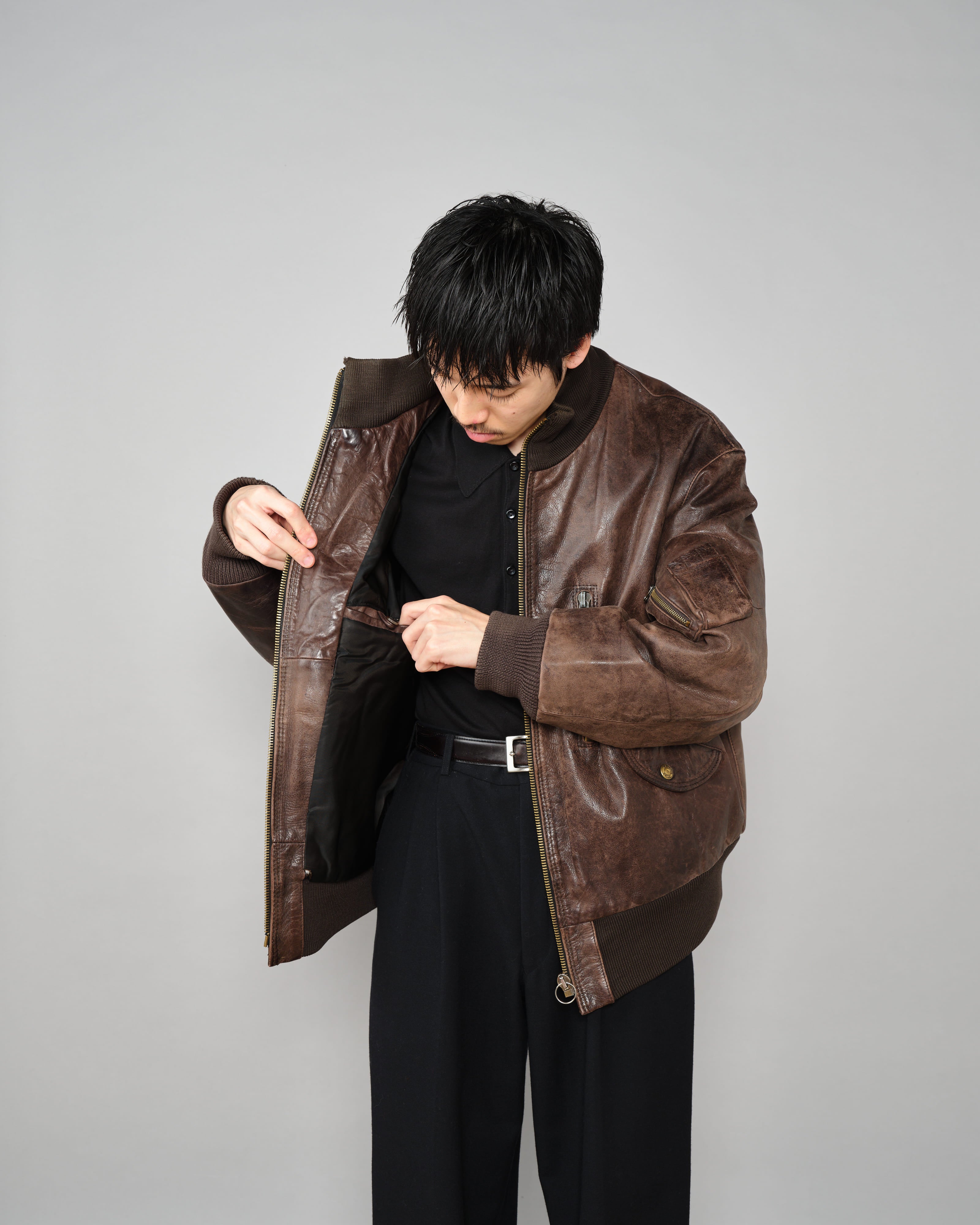 【~90’s】Old ARMANI JEANS Leather Bomber Jacket Size.50