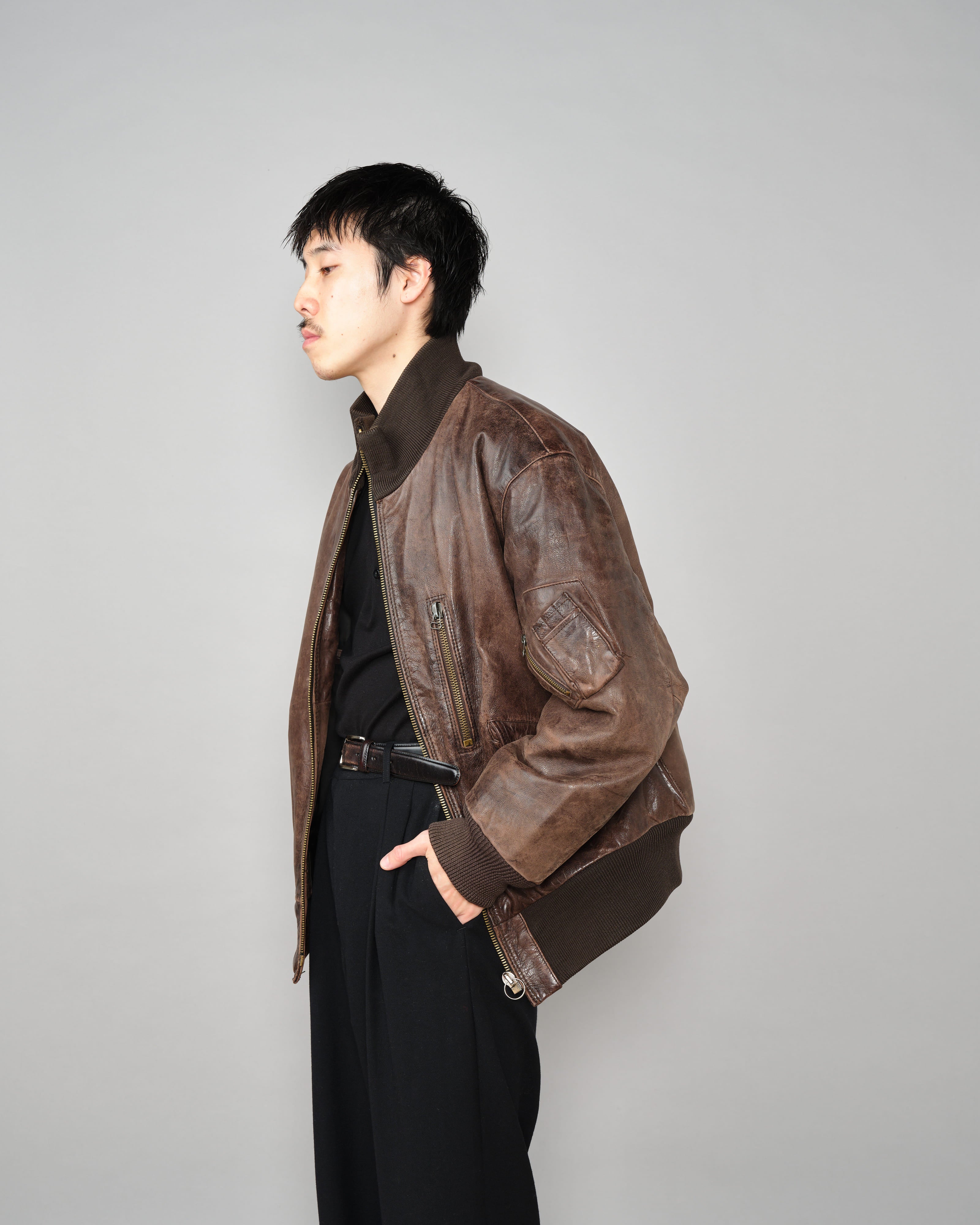 【~90’s】Old ARMANI JEANS Leather Bomber Jacket Size.50