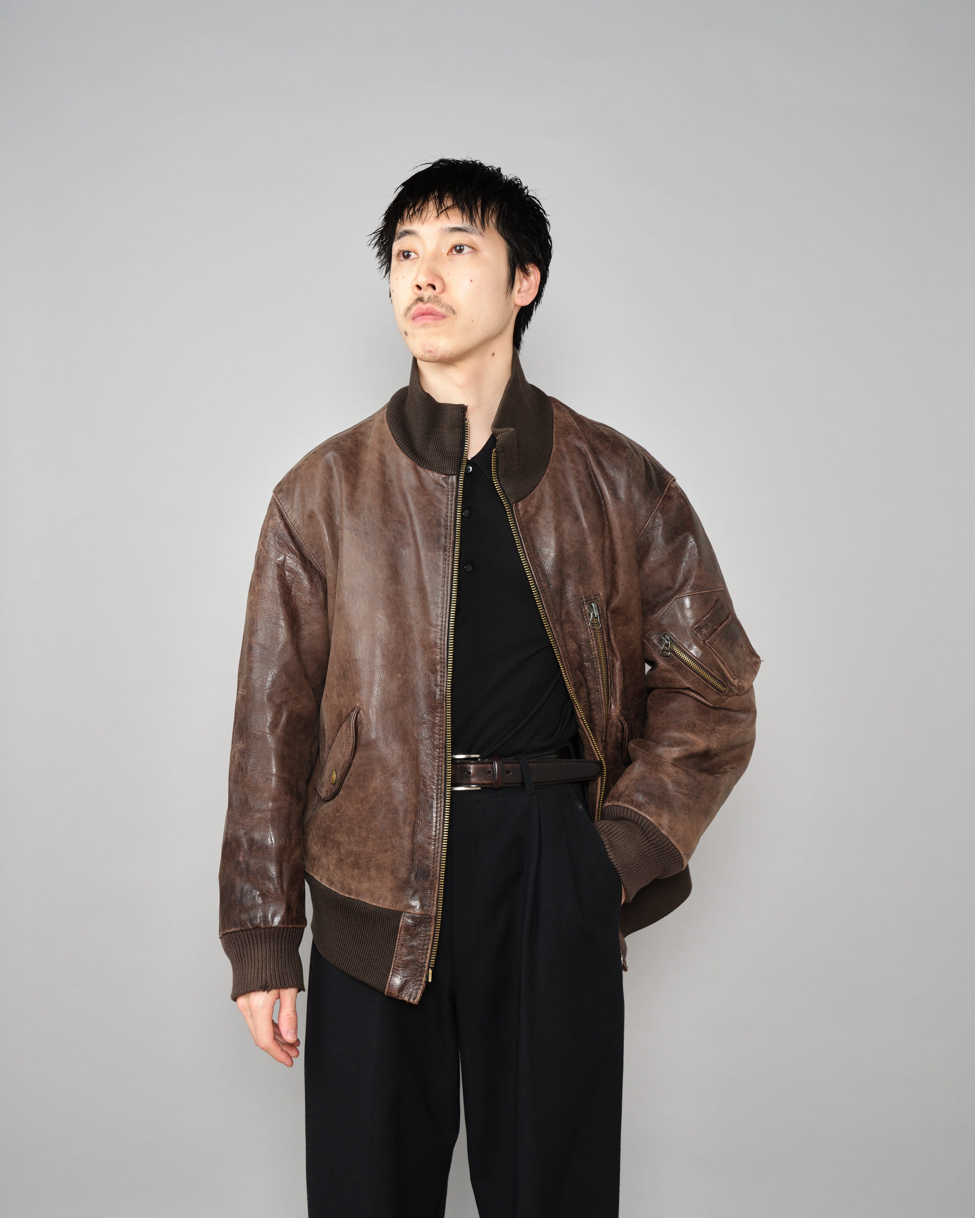 【~90’s】Old ARMANI JEANS Leather Bomber Jacket Size.50