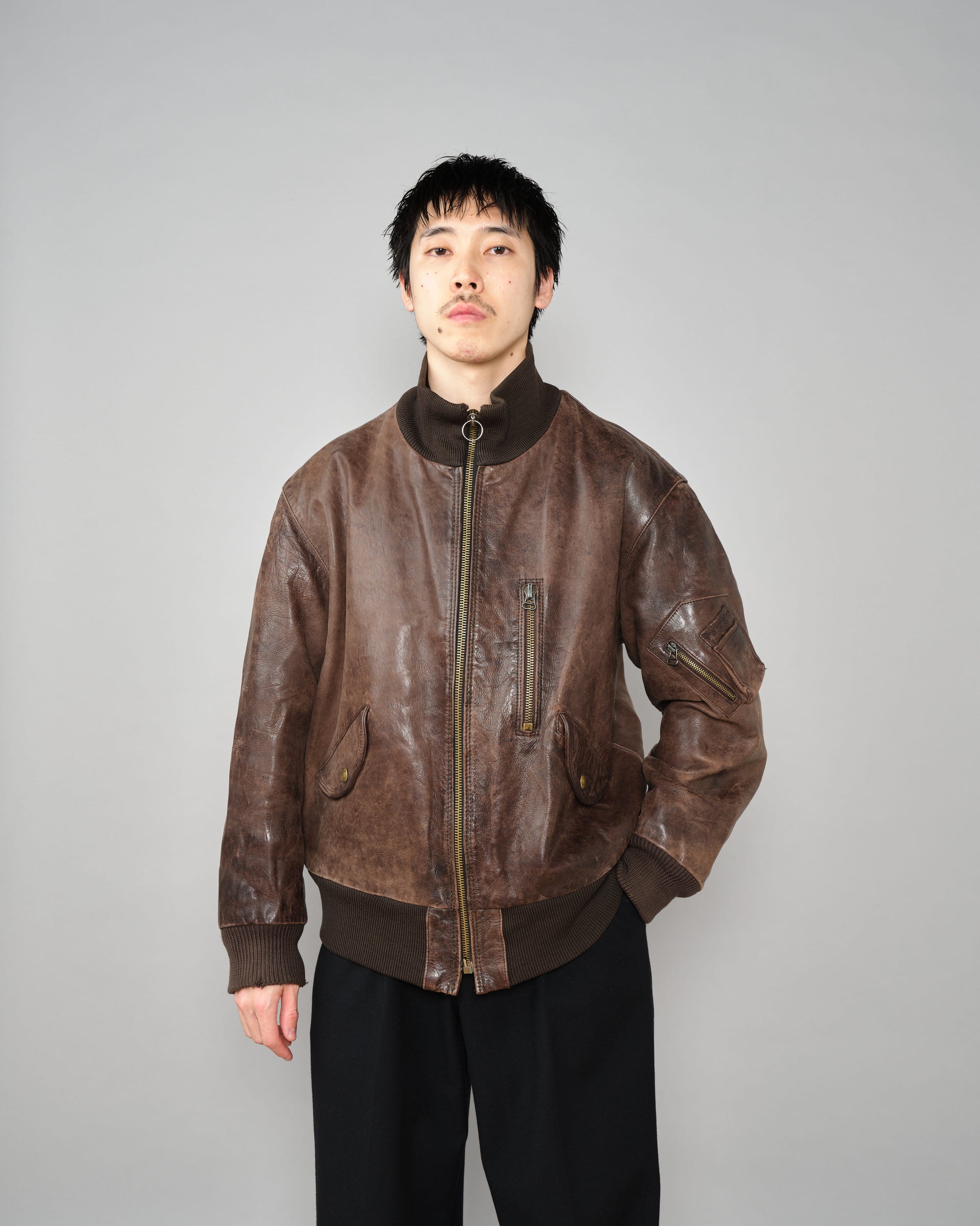 ［~90’s］Old ARMANI JEANS Leather Bomber Jacket Size.50