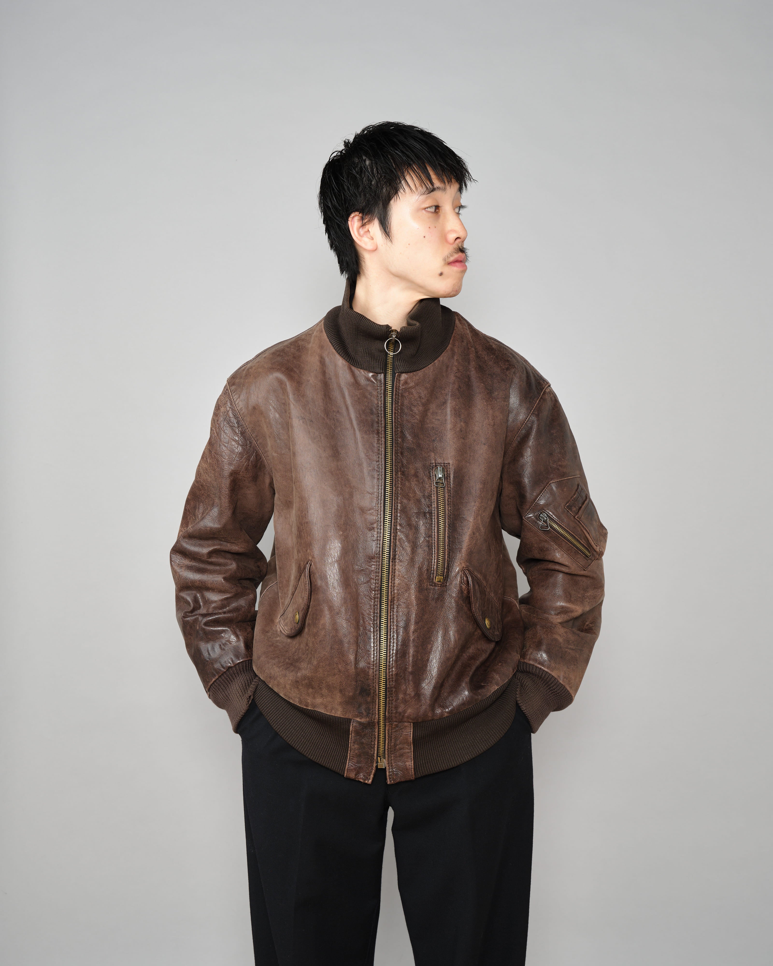 【~90’s】Old ARMANI JEANS Leather Bomber Jacket Size.50