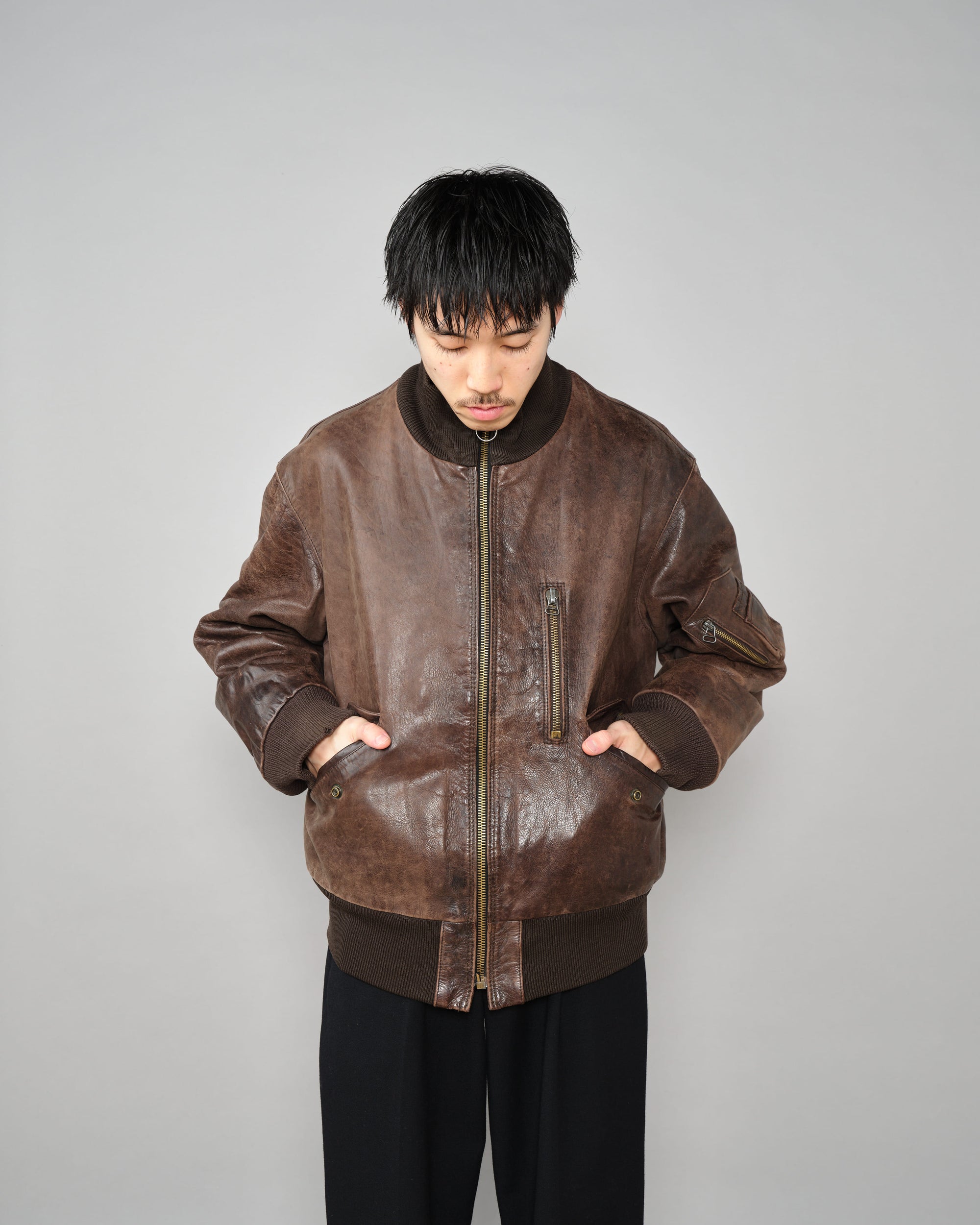 ［~90’s］Old ARMANI JEANS Leather Bomber Jacket Size.50