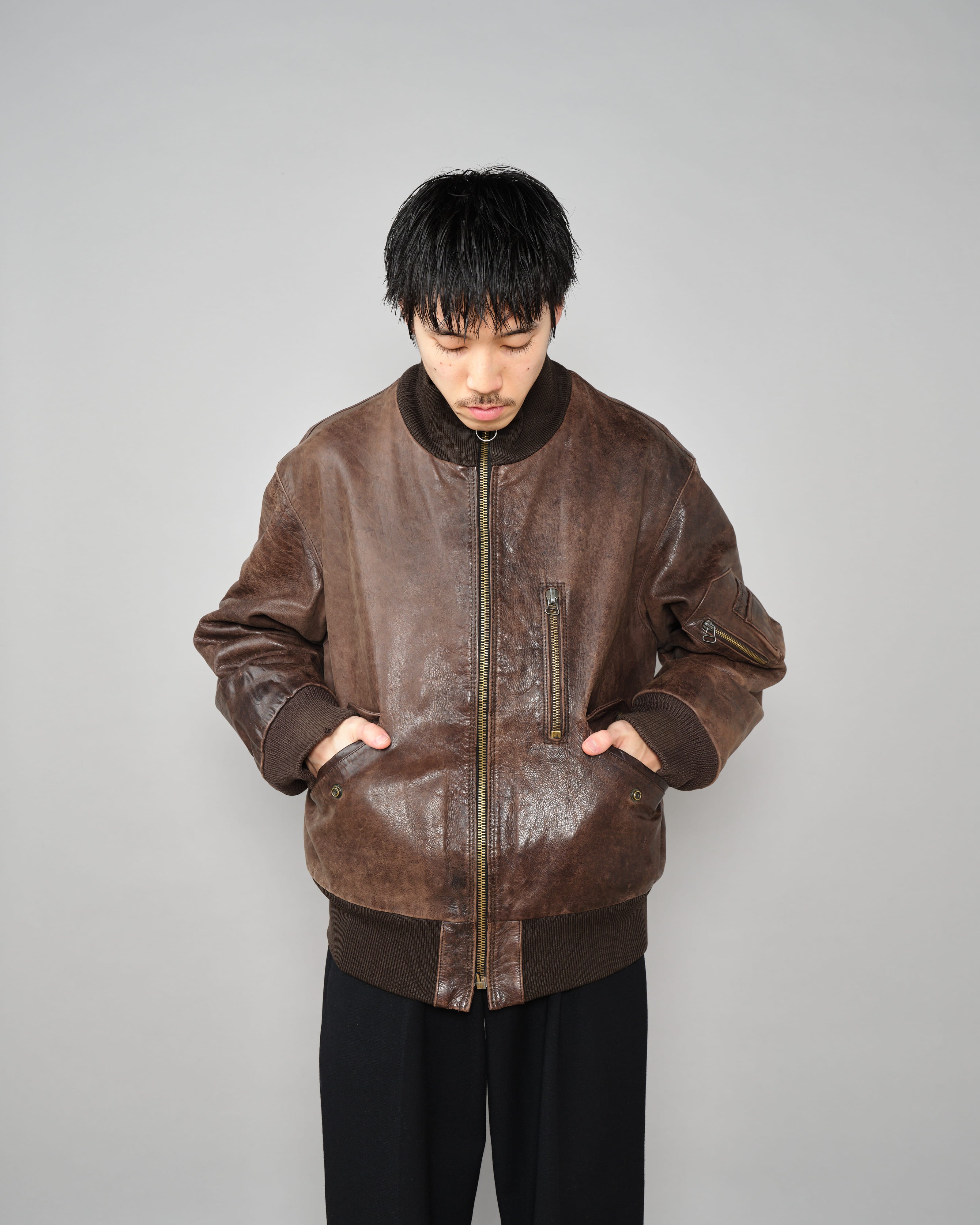 【~90’s】Old ARMANI JEANS Leather Bomber Jacket Size.50