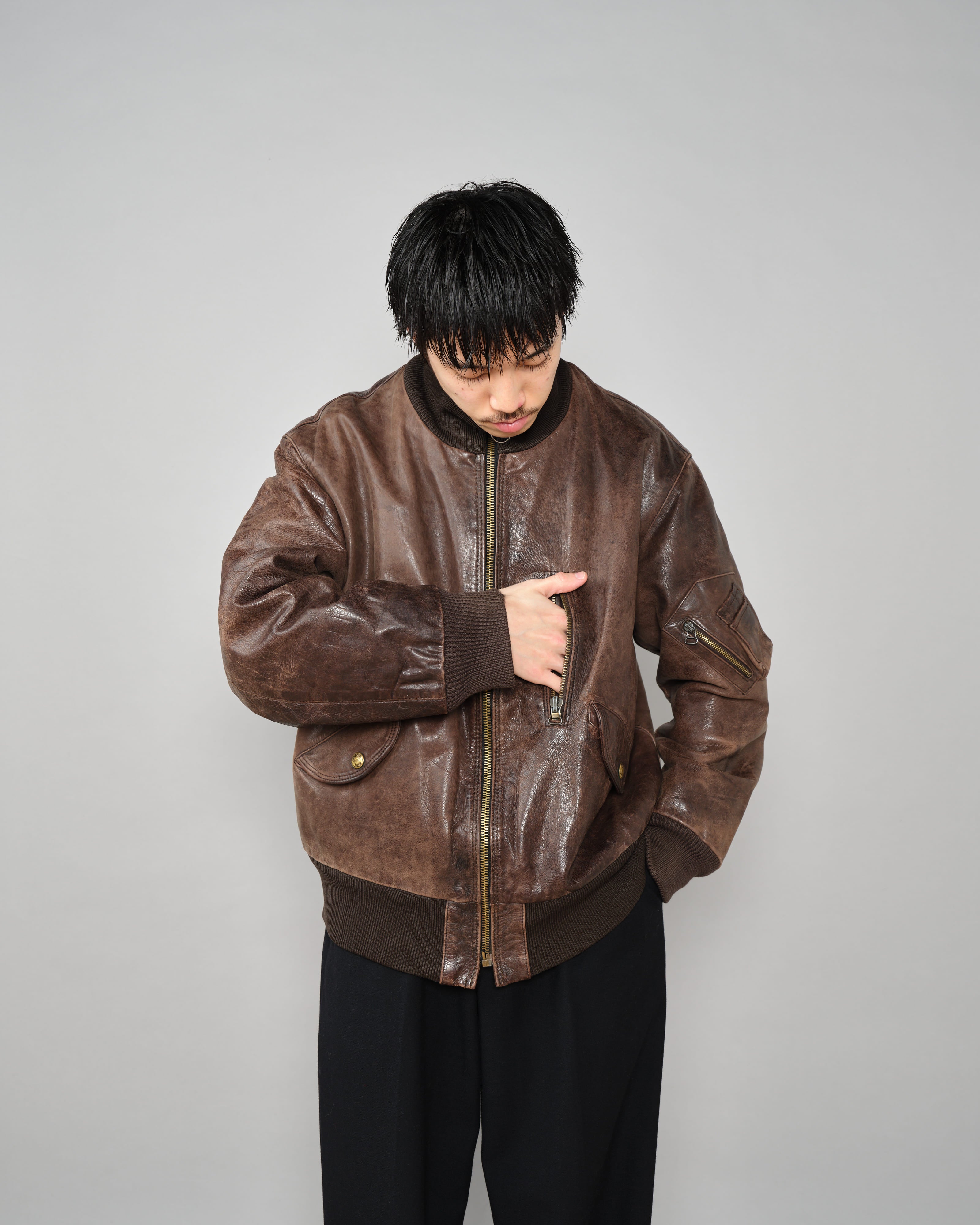 【~90’s】Old ARMANI JEANS Leather Bomber Jacket Size.50