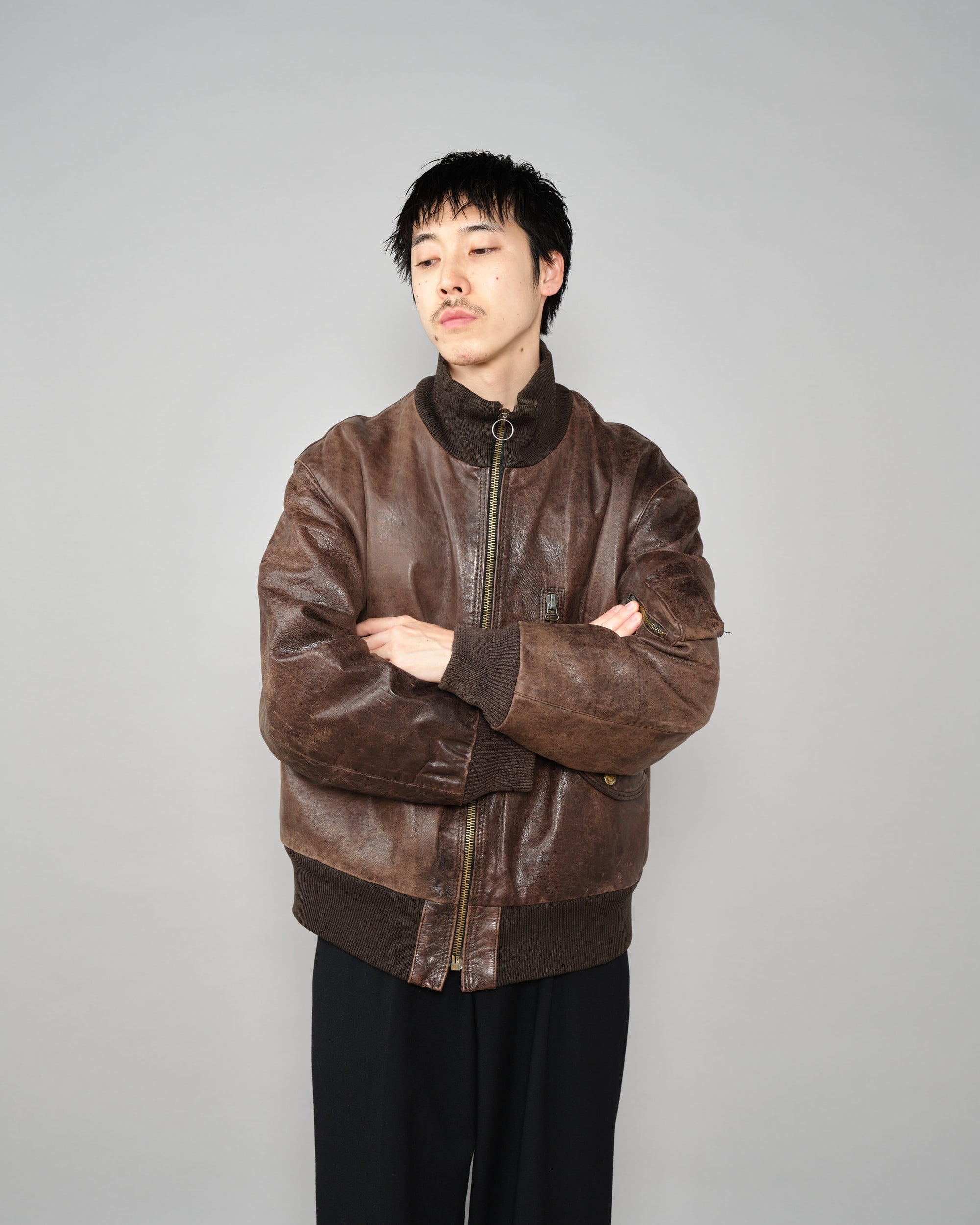 ［~90’s］Old ARMANI JEANS Leather Bomber Jacket Size.50