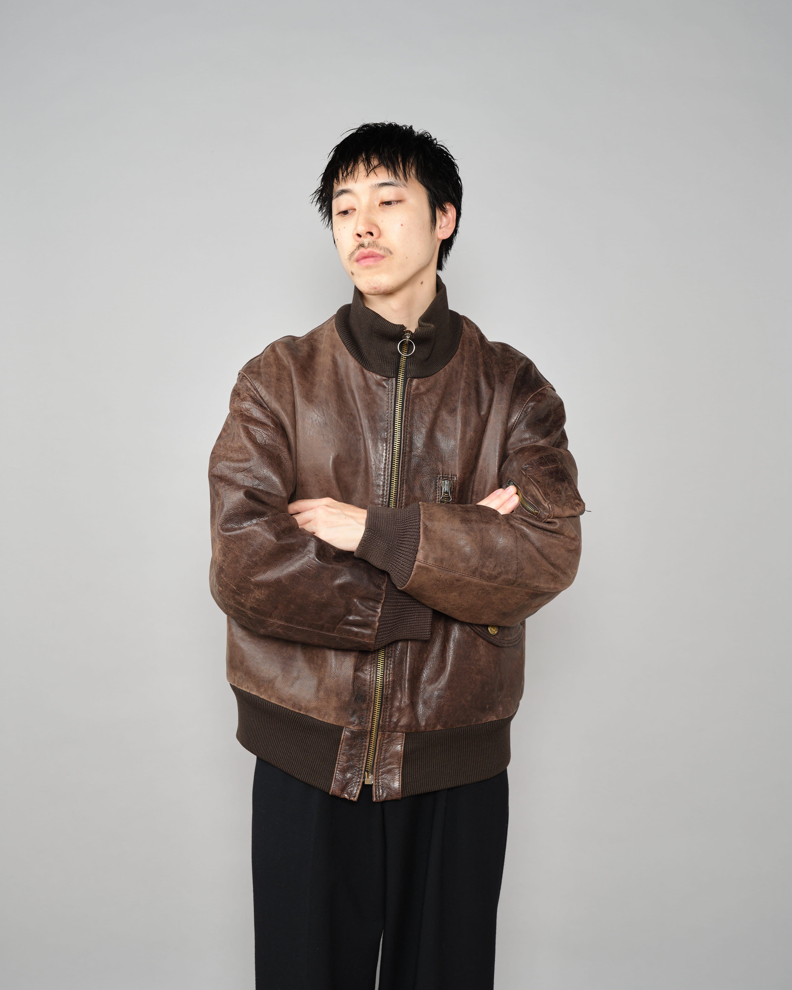 【~90’s】Old ARMANI JEANS Leather Bomber Jacket Size.50