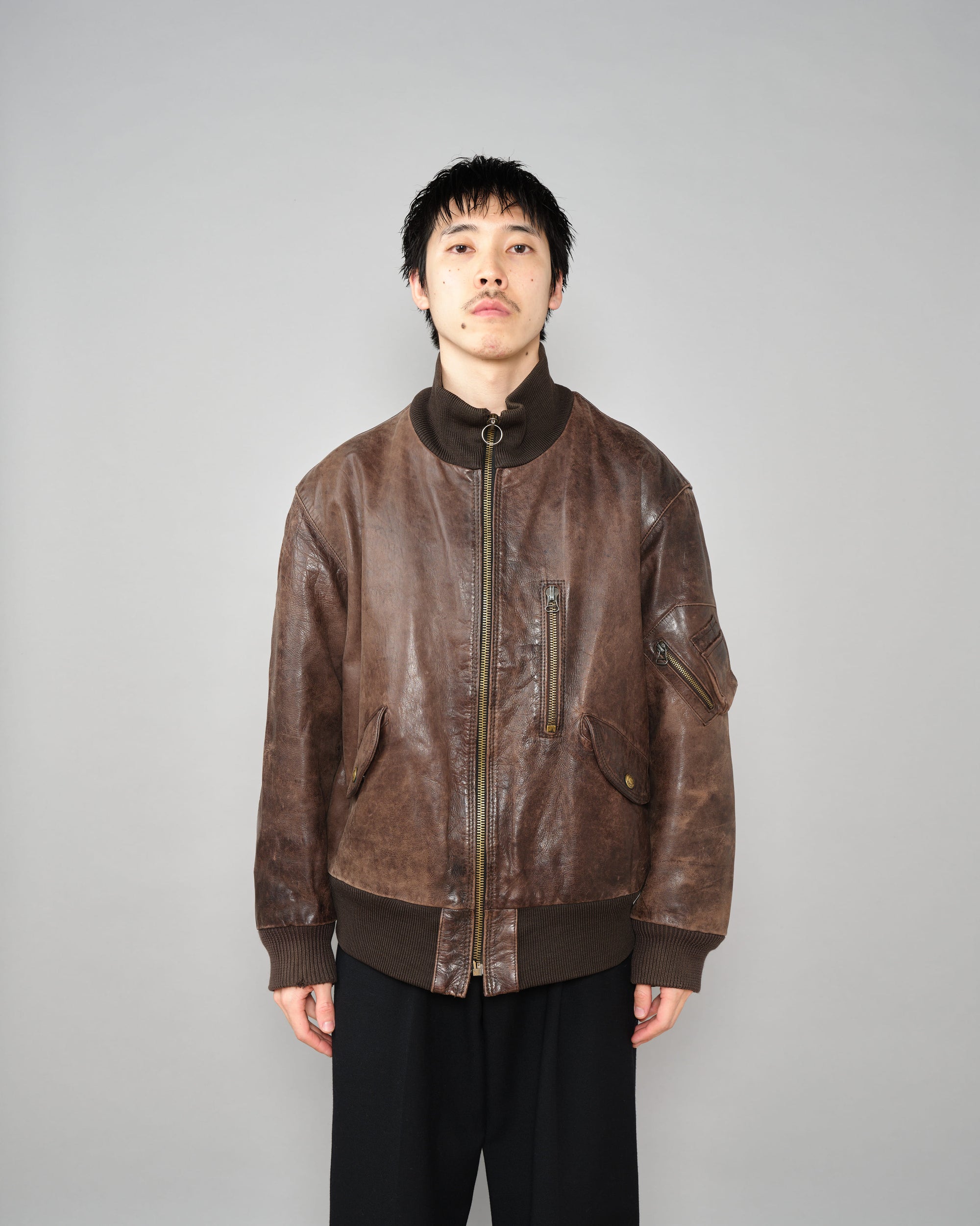 ［~90’s］Old ARMANI JEANS Leather Bomber Jacket Size.50