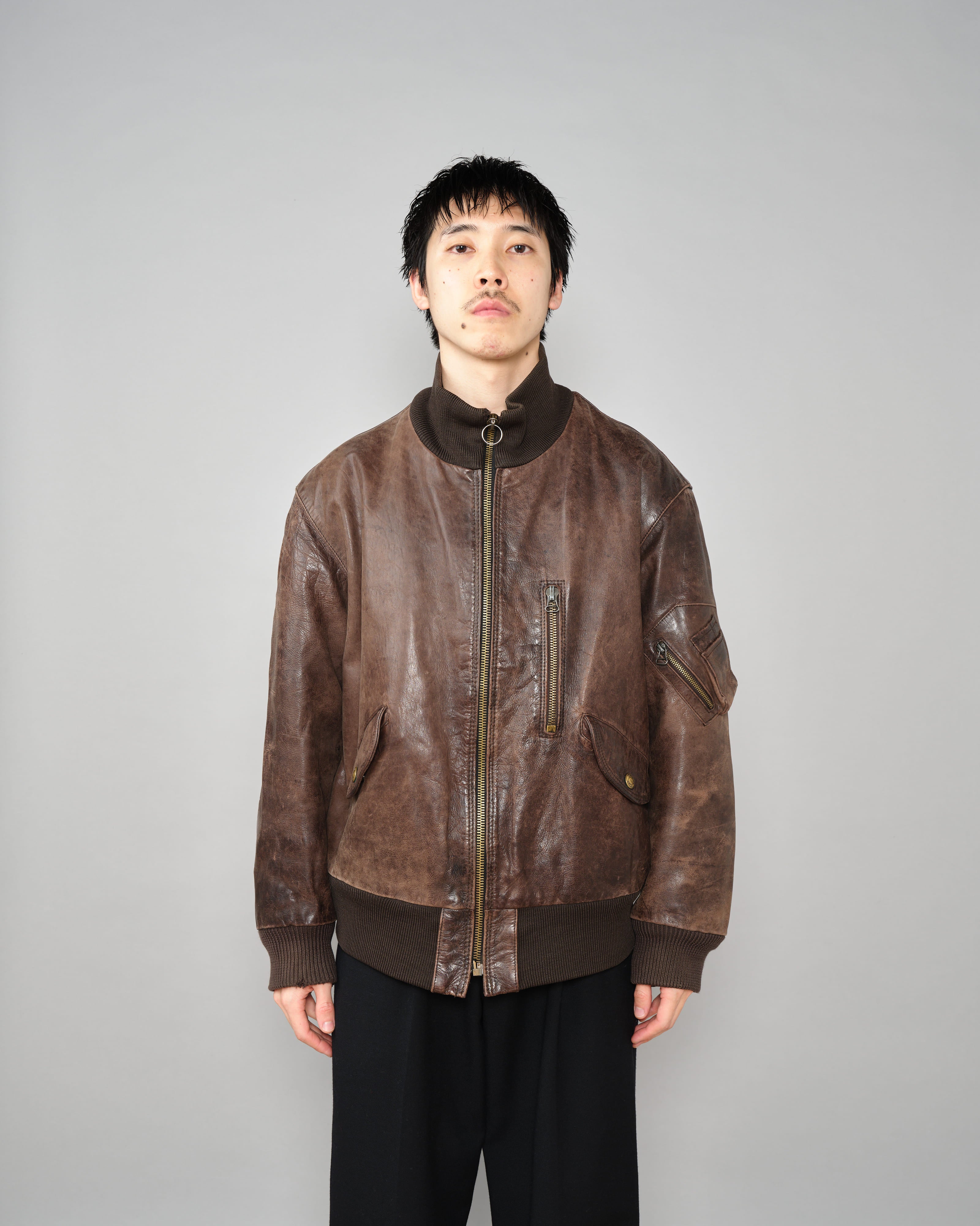 【~90’s】Old ARMANI JEANS Leather Bomber Jacket Size.50