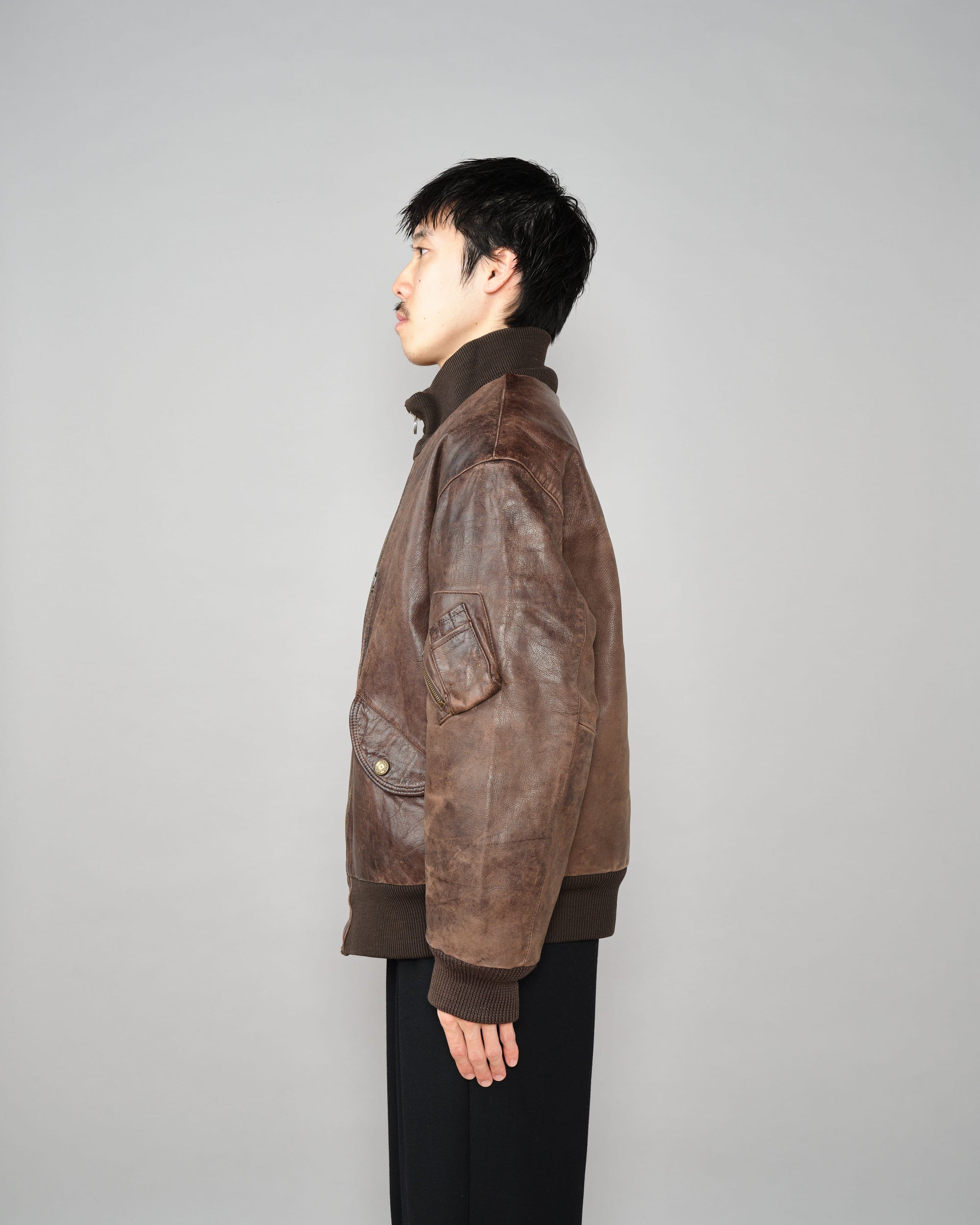 ［~90’s］Old ARMANI JEANS Leather Bomber Jacket Size.50