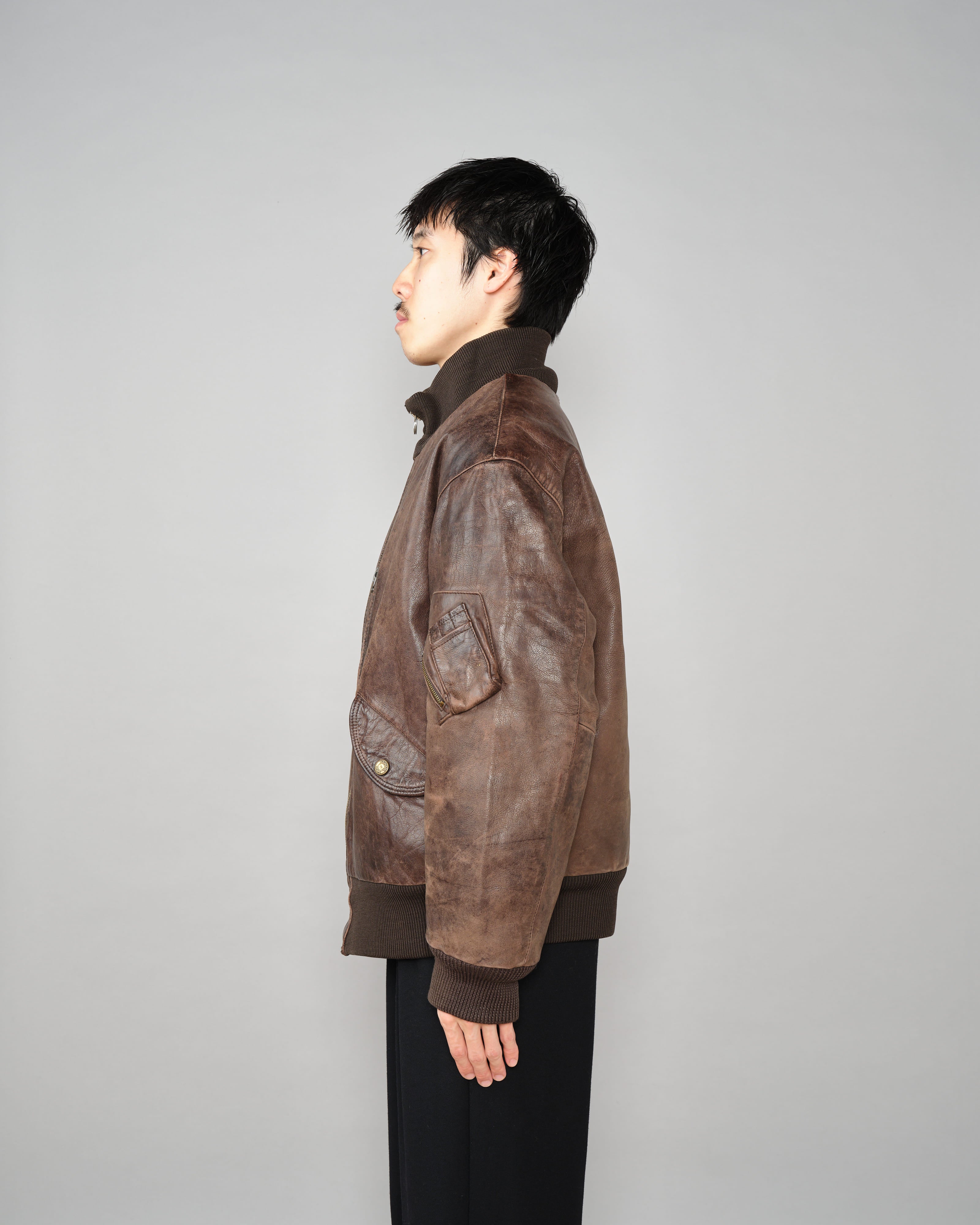 【~90’s】Old ARMANI JEANS Leather Bomber Jacket Size.50