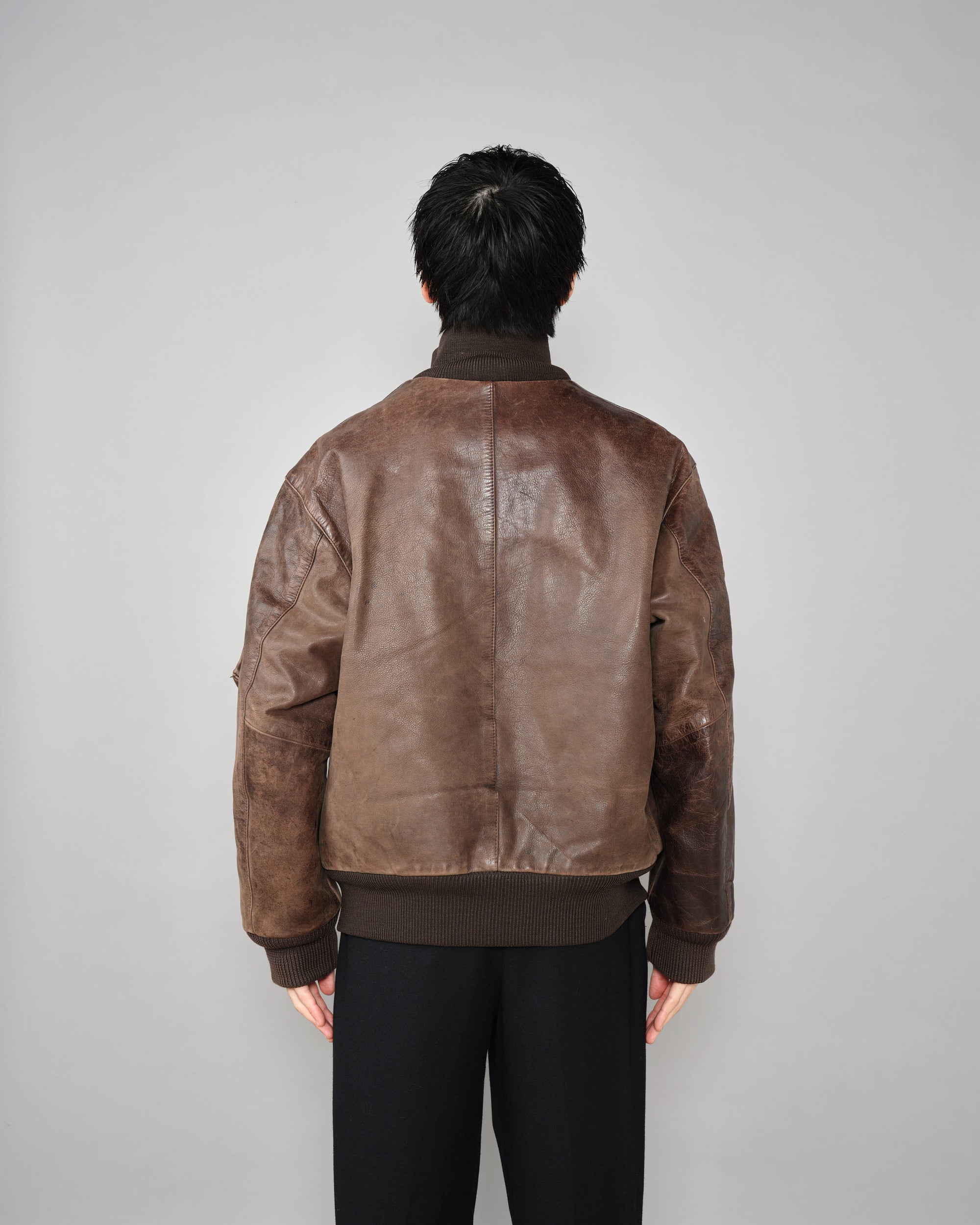 ［~90’s］Old ARMANI JEANS Leather Bomber Jacket Size.50