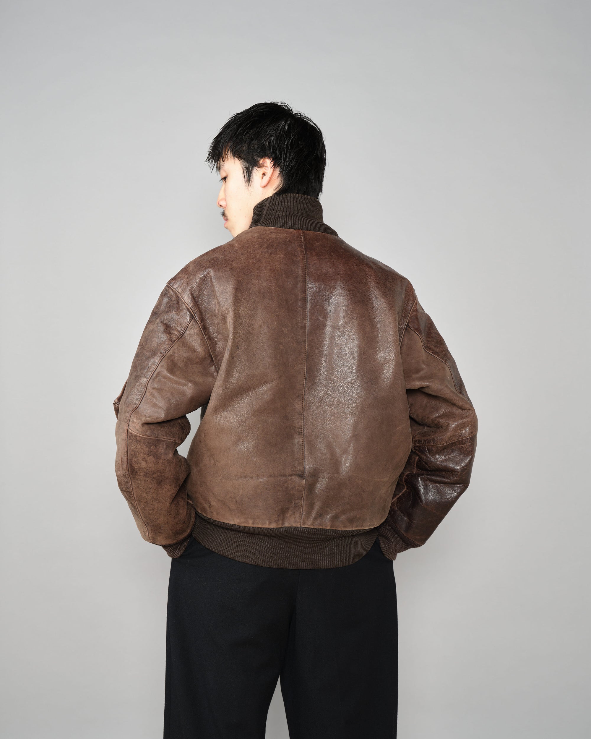 ［~90’s］Old ARMANI JEANS Leather Bomber Jacket Size.50