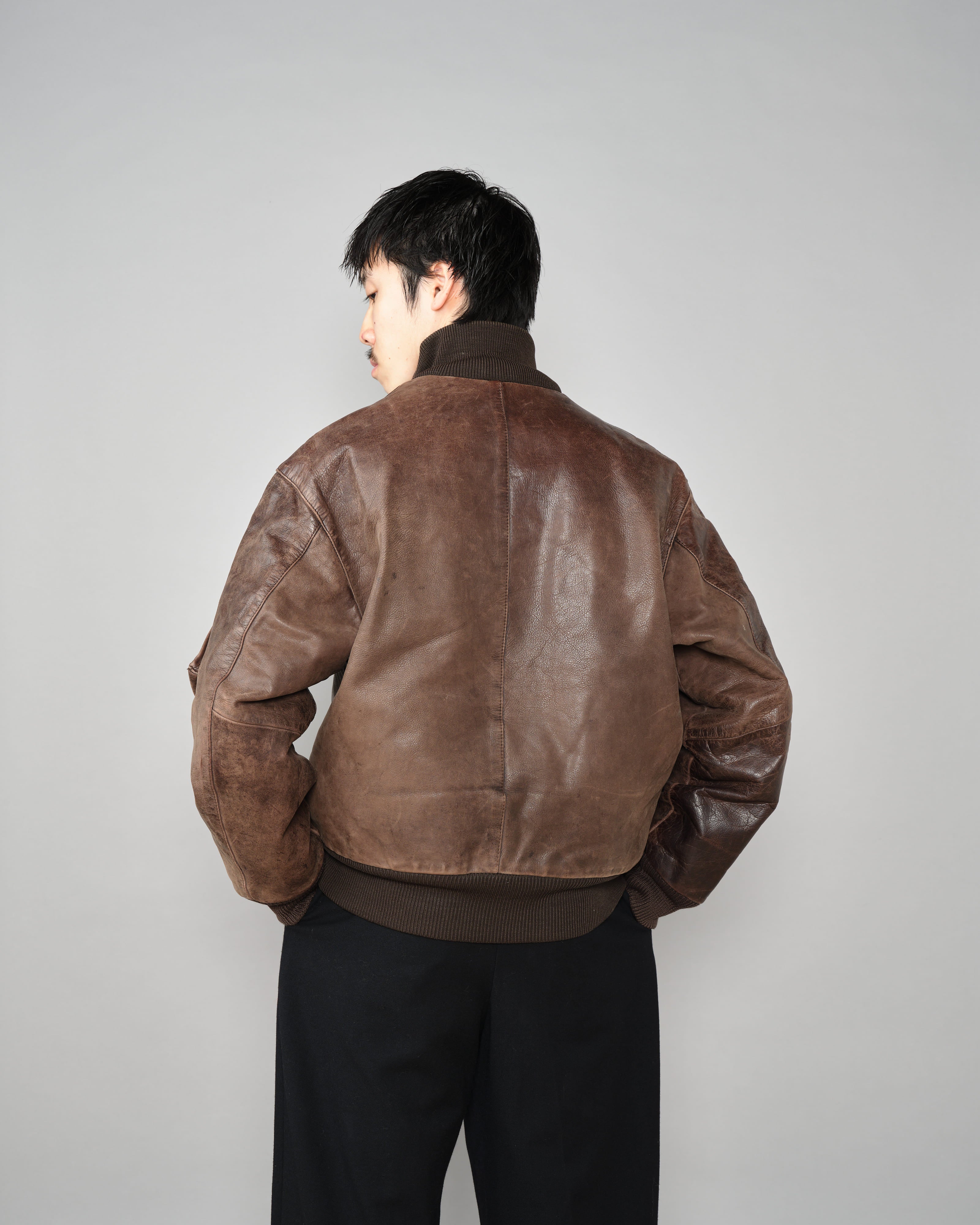 【~90’s】Old ARMANI JEANS Leather Bomber Jacket Size.50