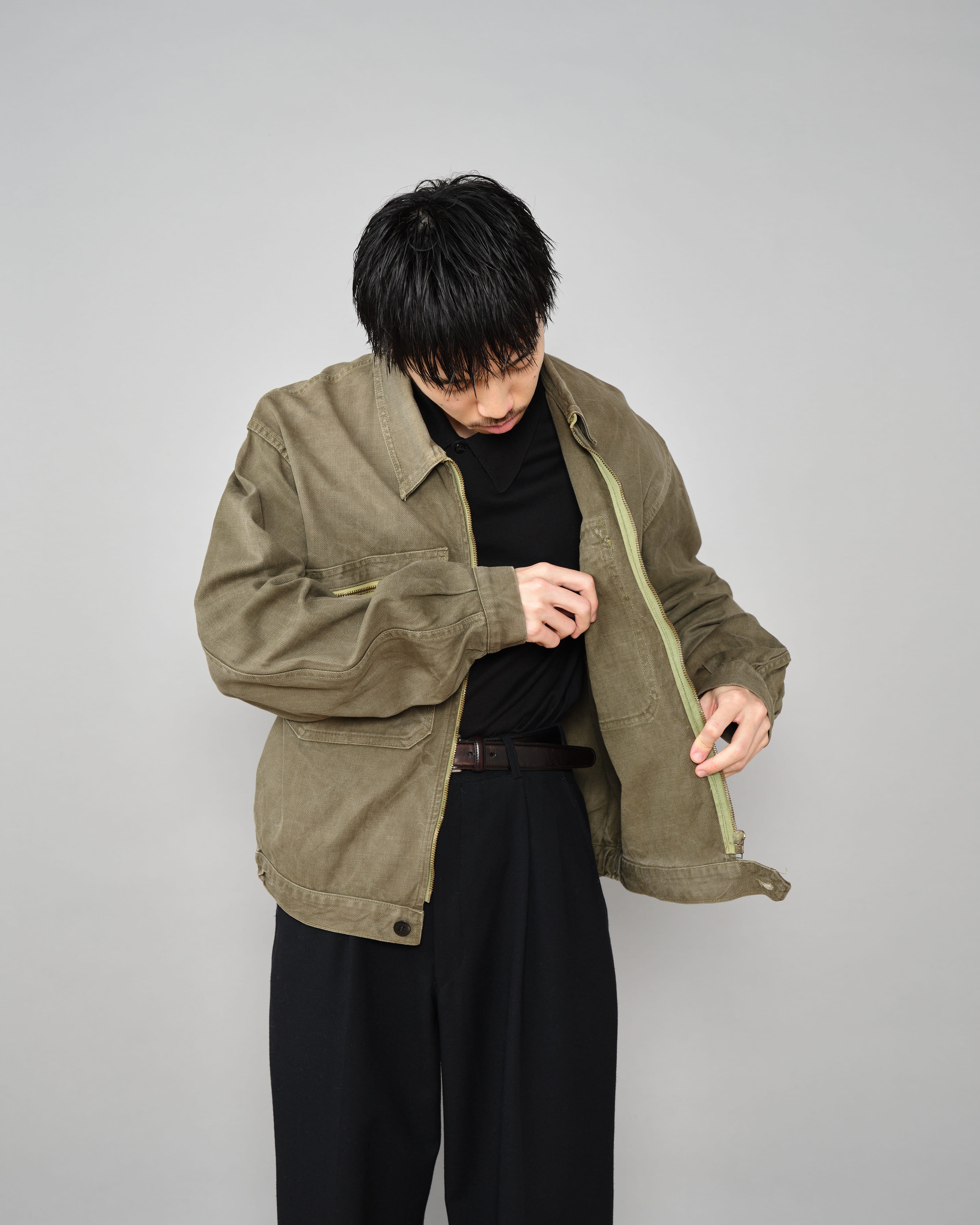 【~50's】French Vintage Khaki Brown Cotton Twill Cyclist Jacket