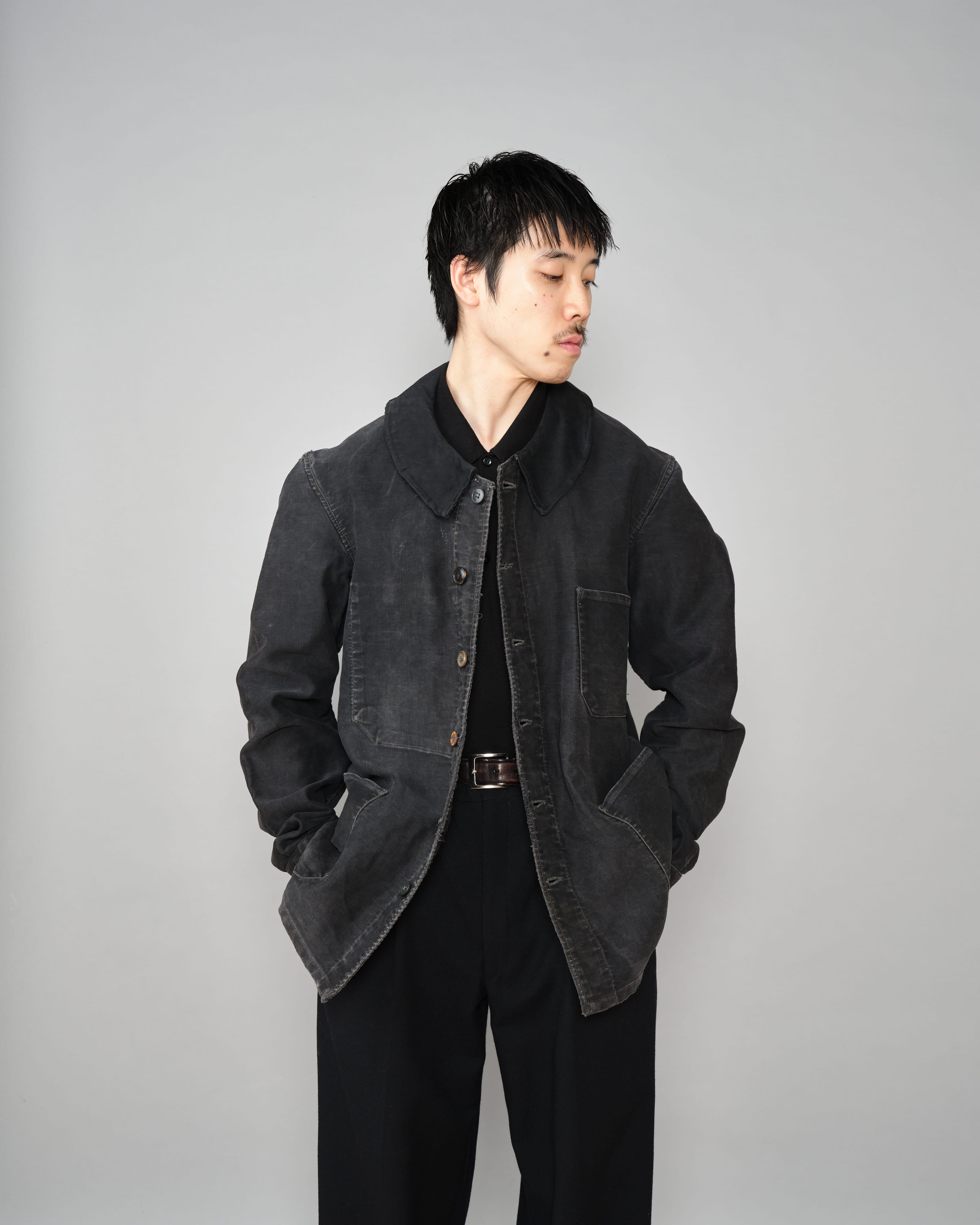 【~40's】French Vintage Black Moleskin Work Jacket "6 Buttons"