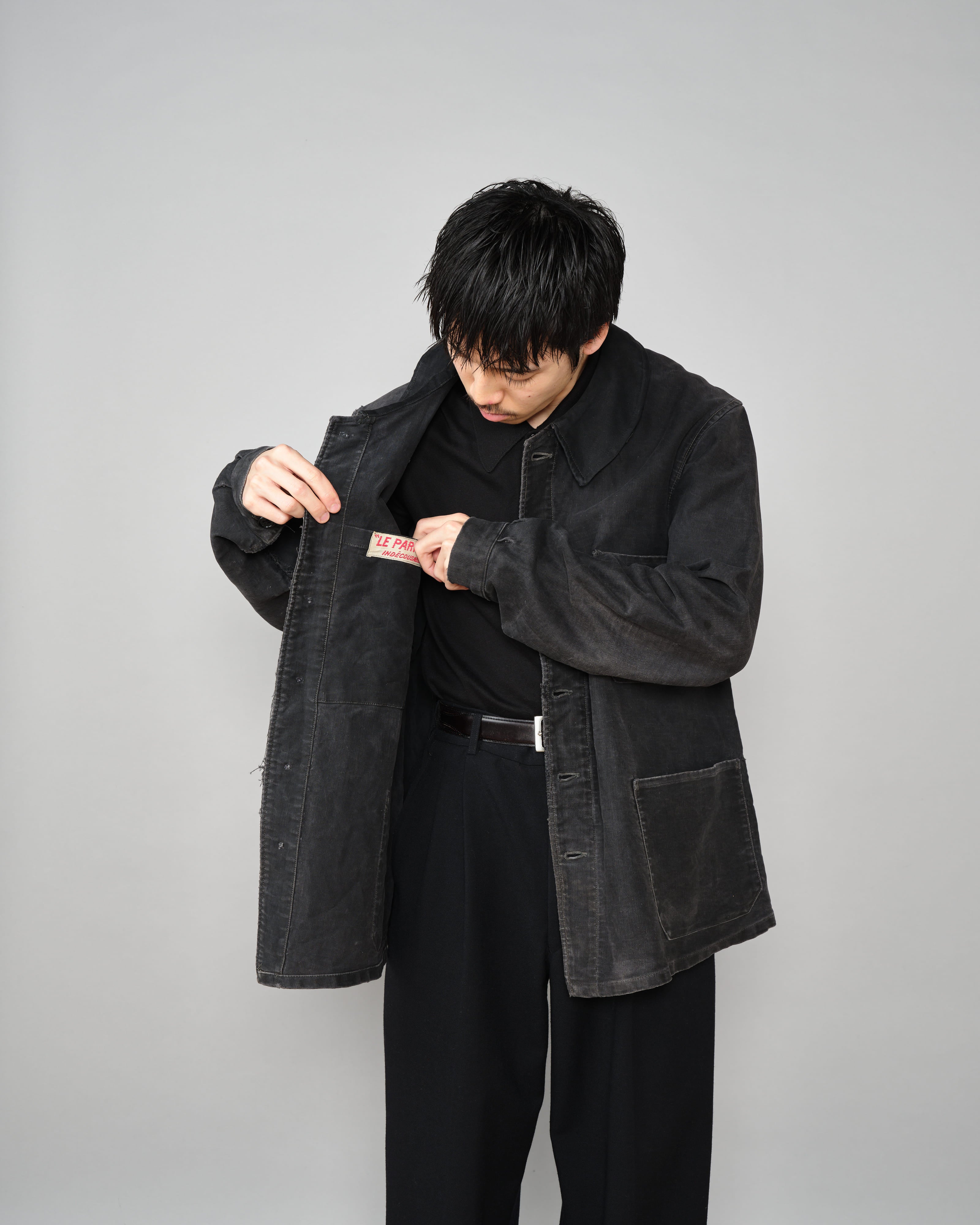 【~40's】French Vintage Black Moleskin Work Jacket "6 Buttons"