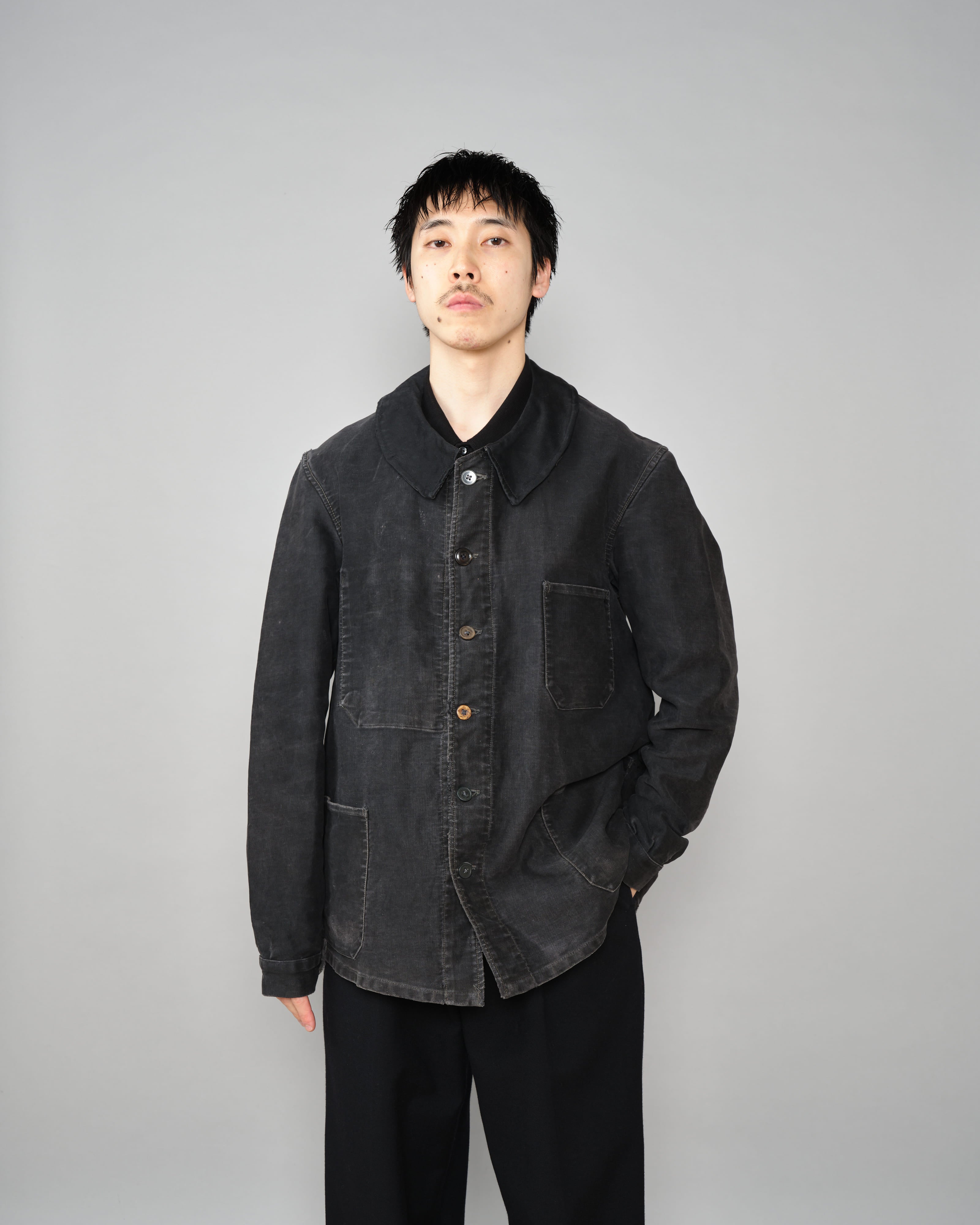 ジャケット・アウター 40s French vintage black moleskin jacket 40's］French Vintage Black Moleskin Work Jacket 