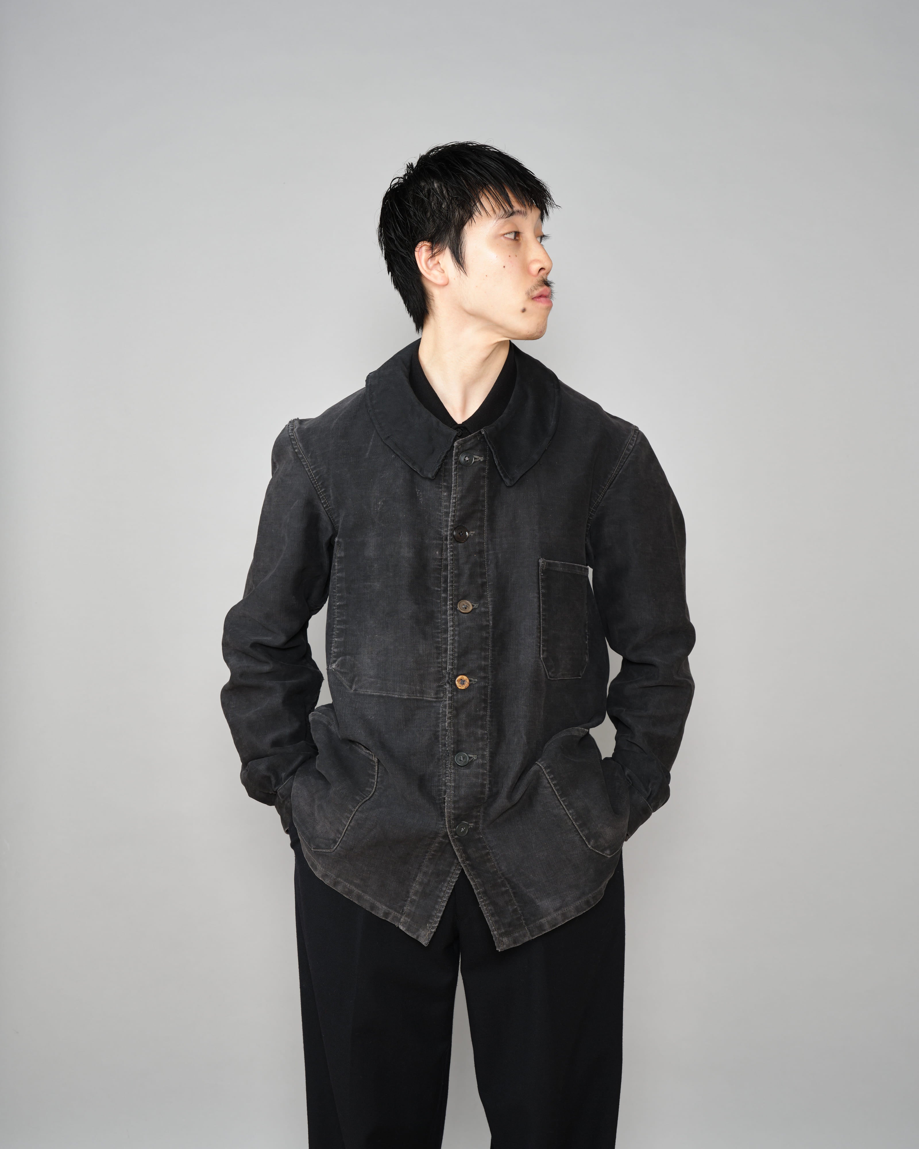 【~40's】French Vintage Black Moleskin Work Jacket "6 Buttons"