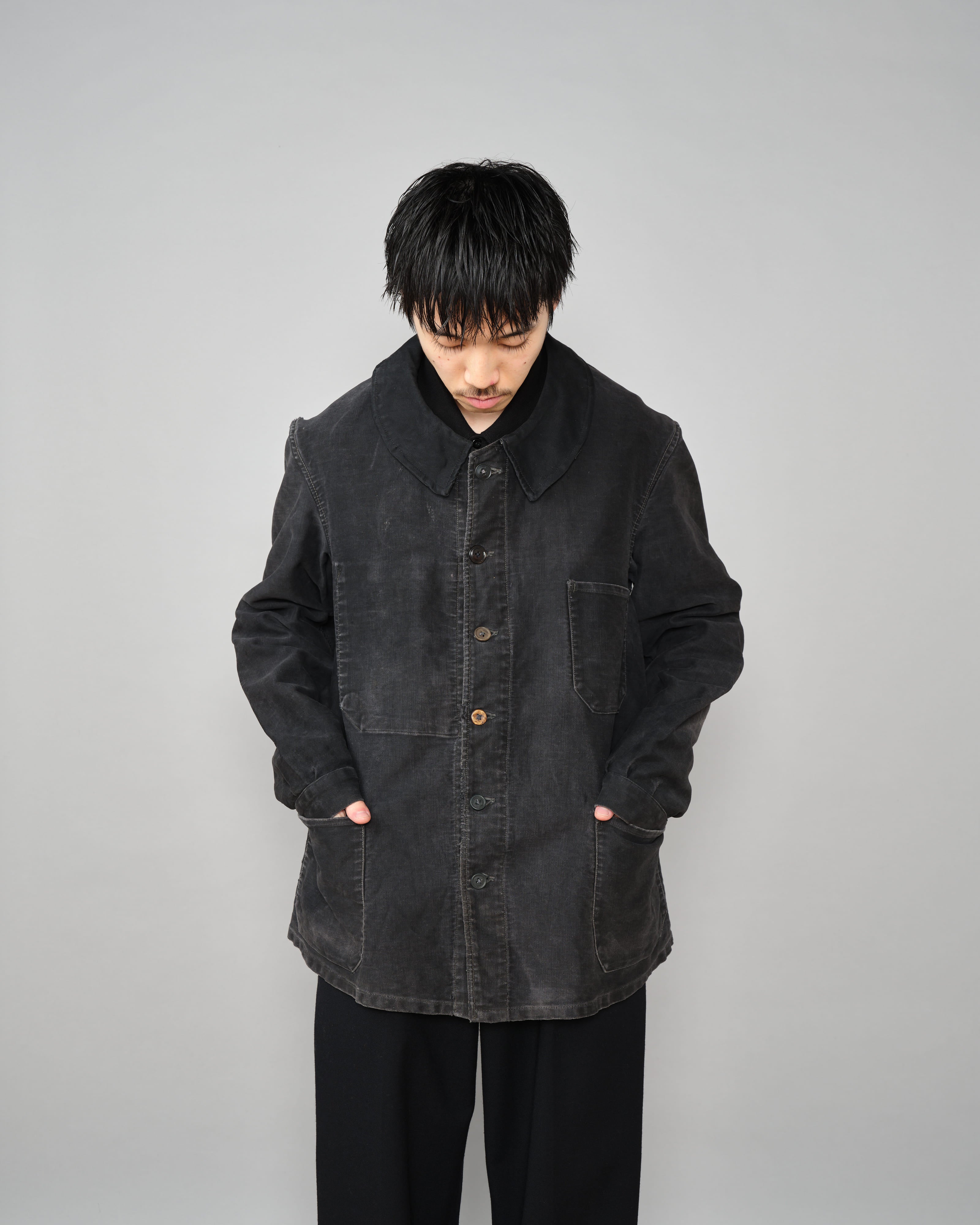 【~40's】French Vintage Black Moleskin Work Jacket "6 Buttons"