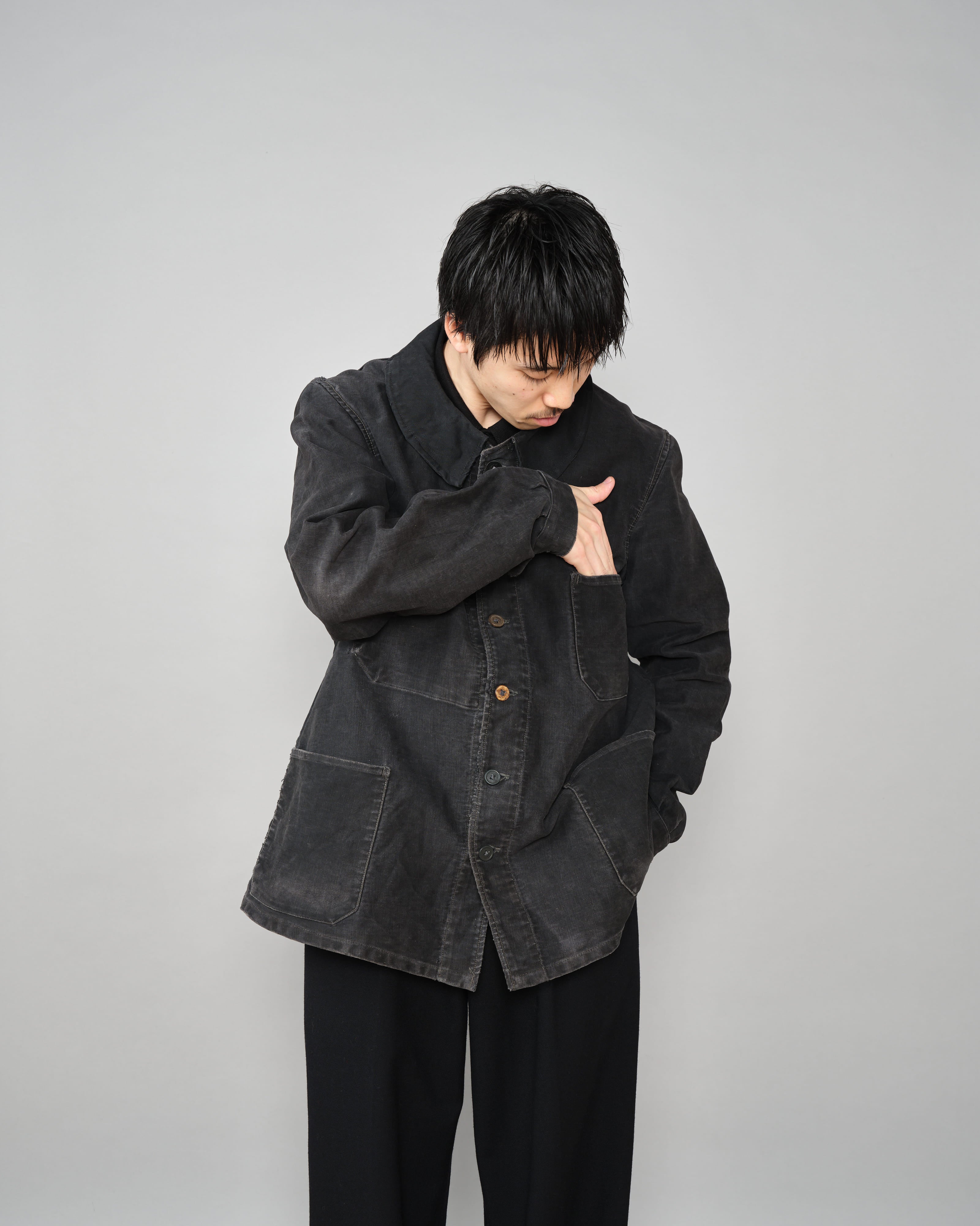 【~40's】French Vintage Black Moleskin Work Jacket "6 Buttons"